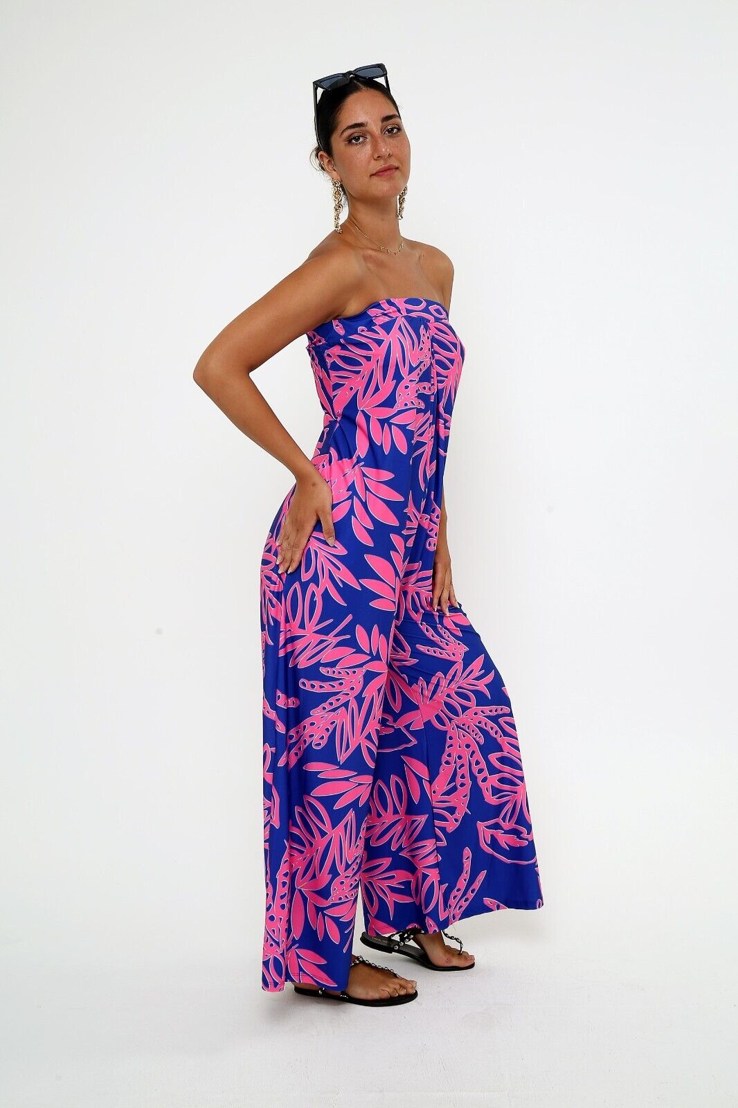 Women's Navy & Pink Tropical Print Strapless Jumpsuit - Wide-Leg Viscose