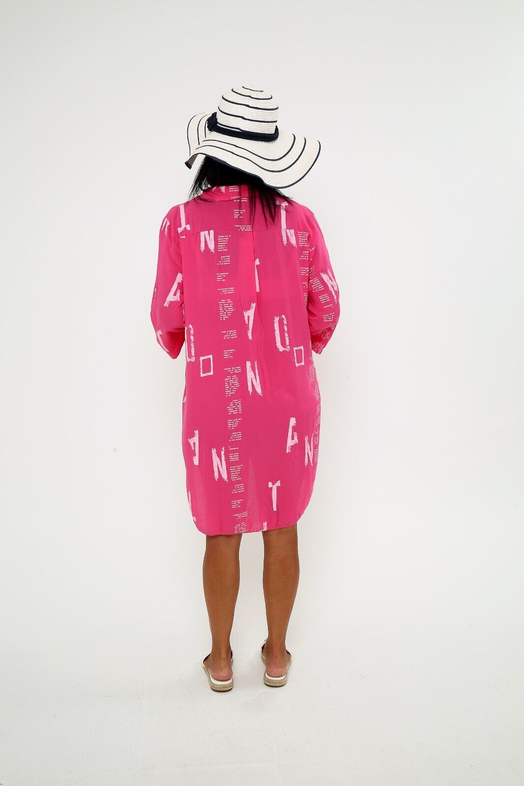 Women's Bright Pink Button Down Shirt Dress Casual Viscose Tunic, Graphic Print