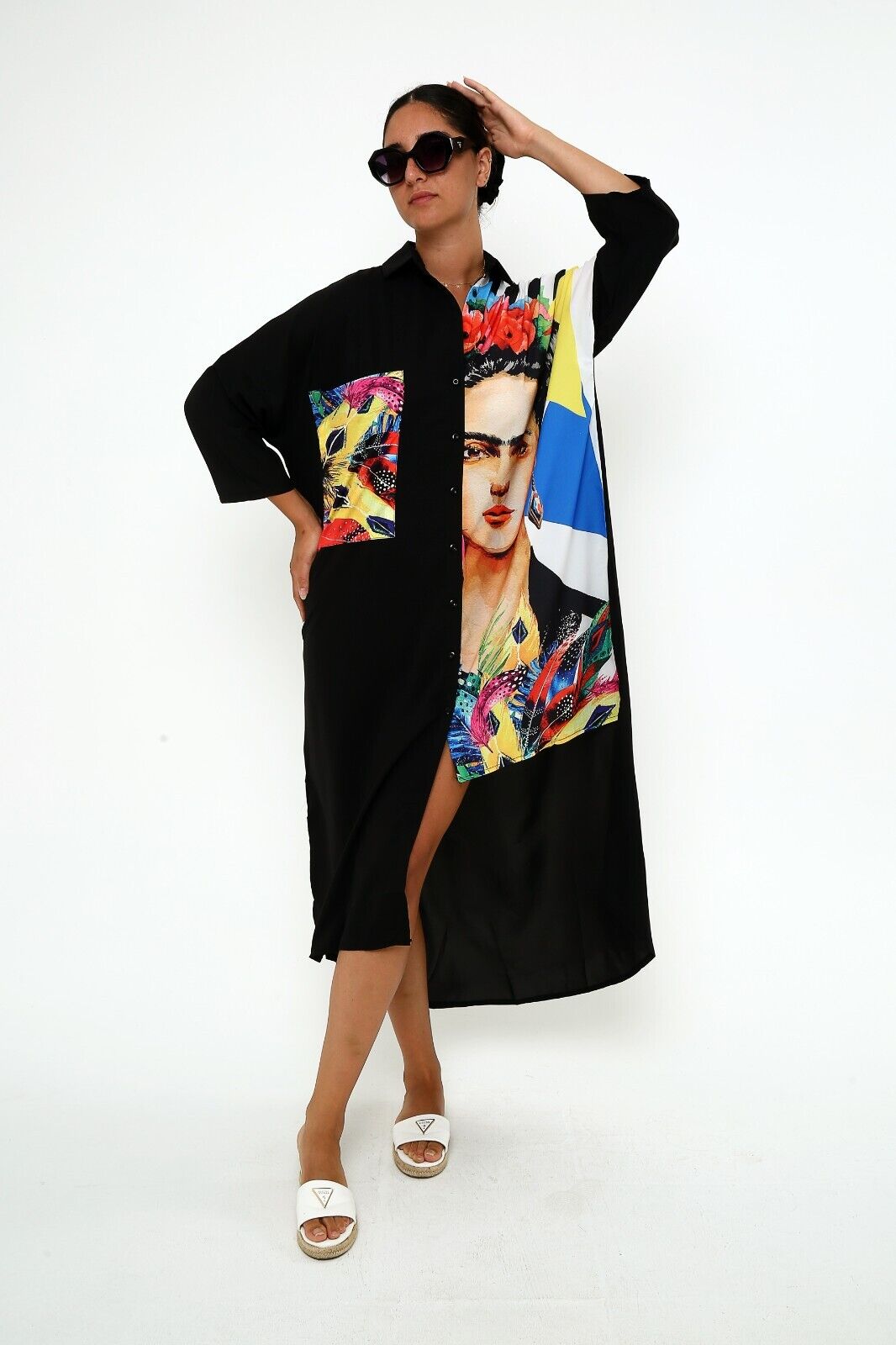 Women's Frida Kahlo Graphic Shirt Dress - Colorful Oversized Viscose Kaftan
