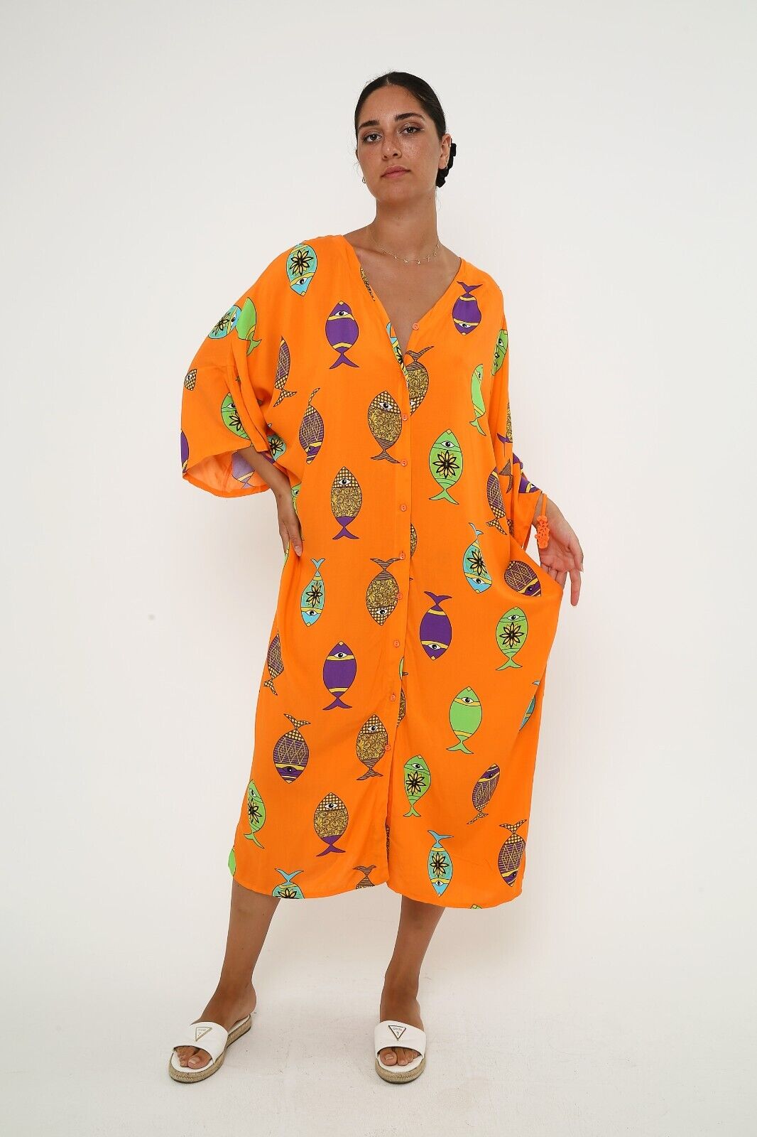 Women's Bright Orange Fish Print Maxi Dress - Button-Down Viscose Kaftan