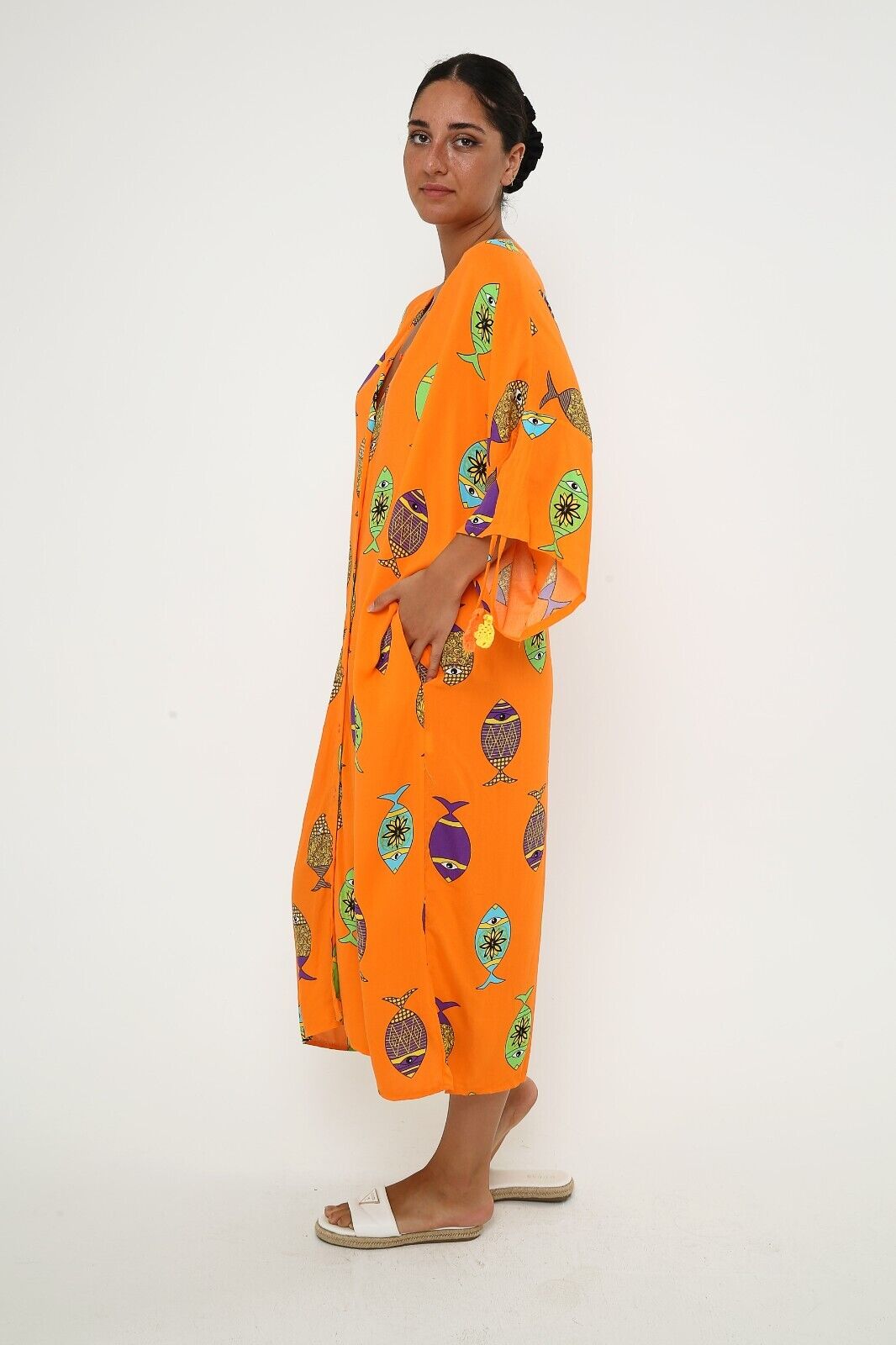 Women's Bright Orange Fish Print Maxi Dress - Button-Down Viscose Kaftan