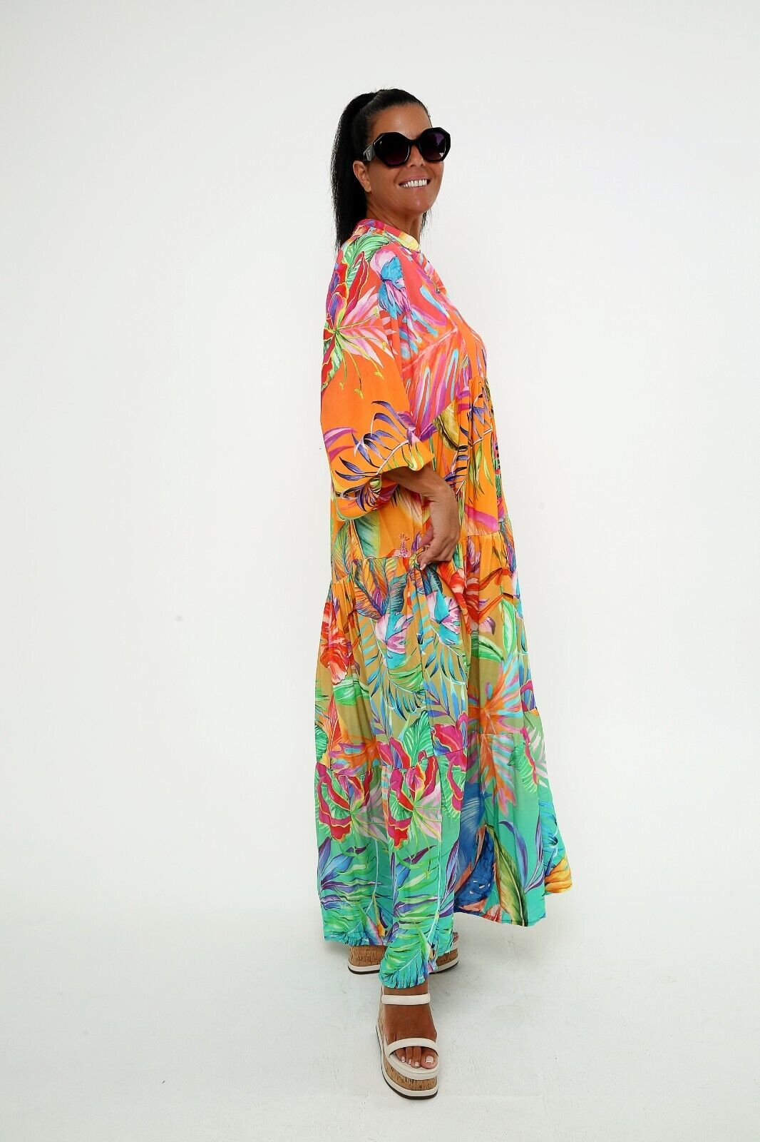 Women's Tropical Print Maxi Dress Bright Floral Boho Viscose ,Tiered Long Sleeve