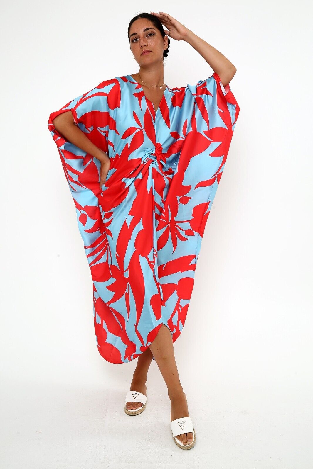 Women's Tropical Breeze Red and Blue Silk Kaftan 3/4 sleeve