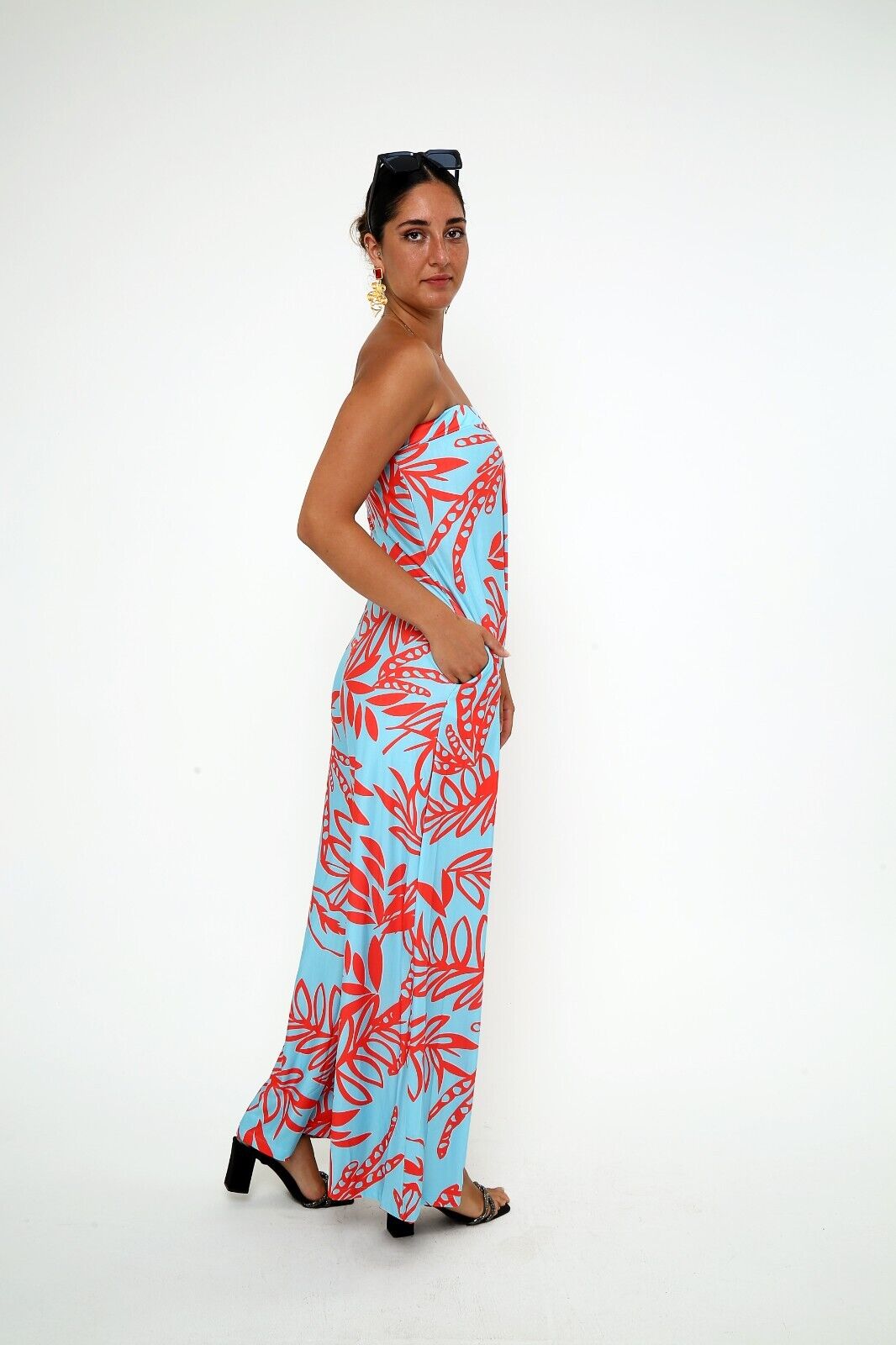 Women's Blue & Red Tropical Print Strapless Jumpsuit with Side Pockets