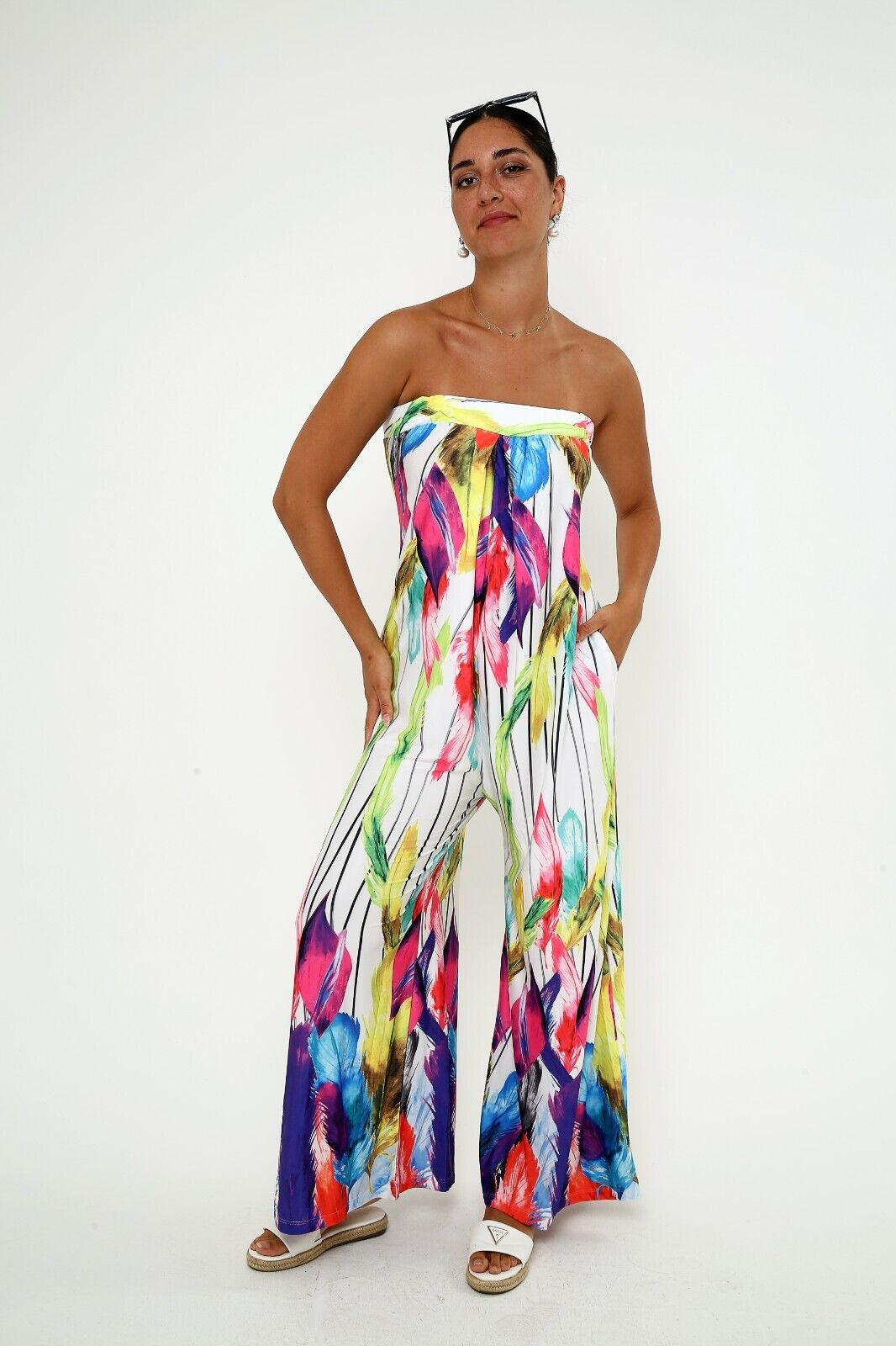 Women's Vibrant Strapless Wide-Leg Jumpsuit Colorful Feather Print, Viscose