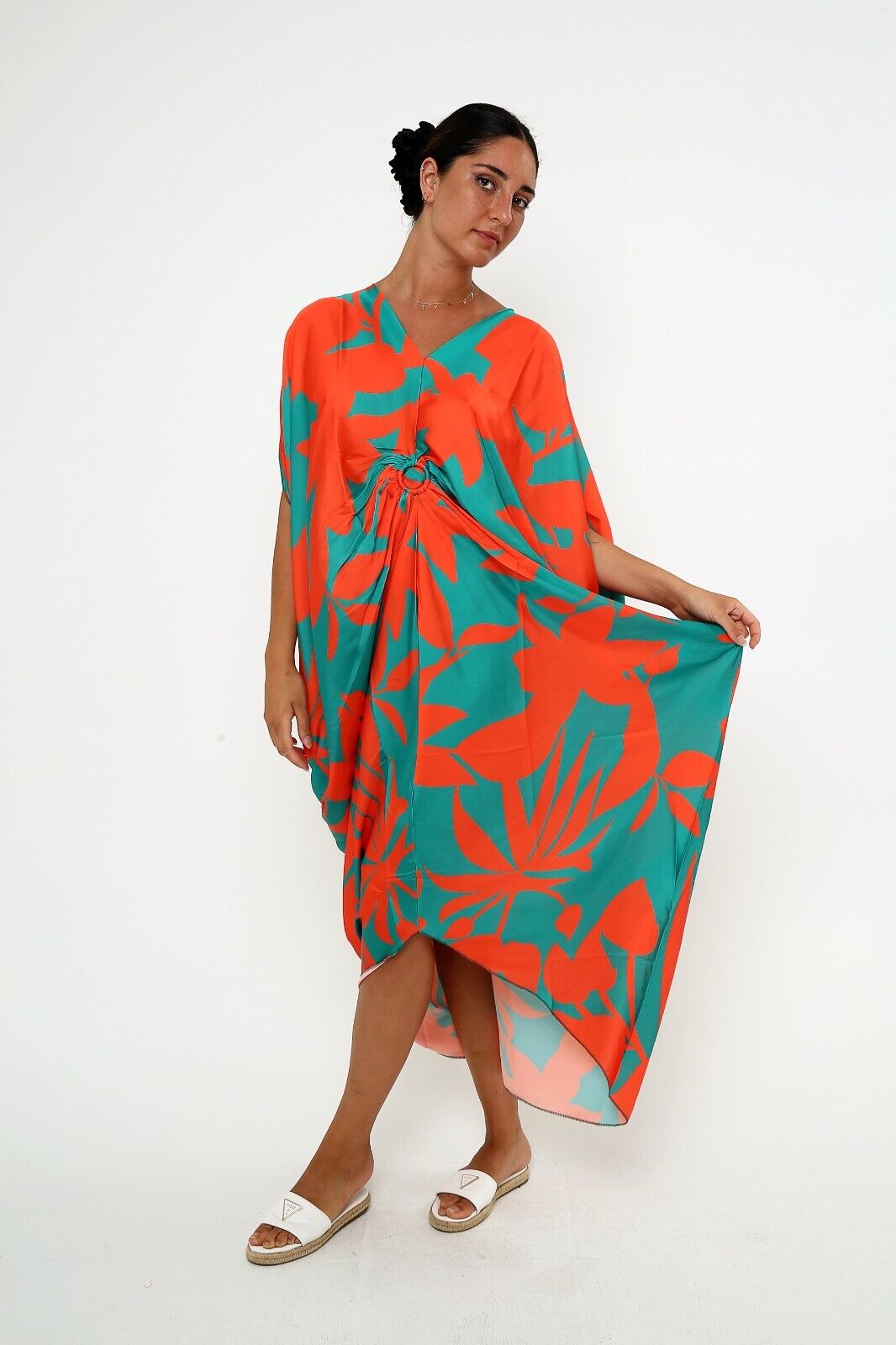 Women's Tropical Coral and Teal Silk Kaftan 3/4 sleeve dresses