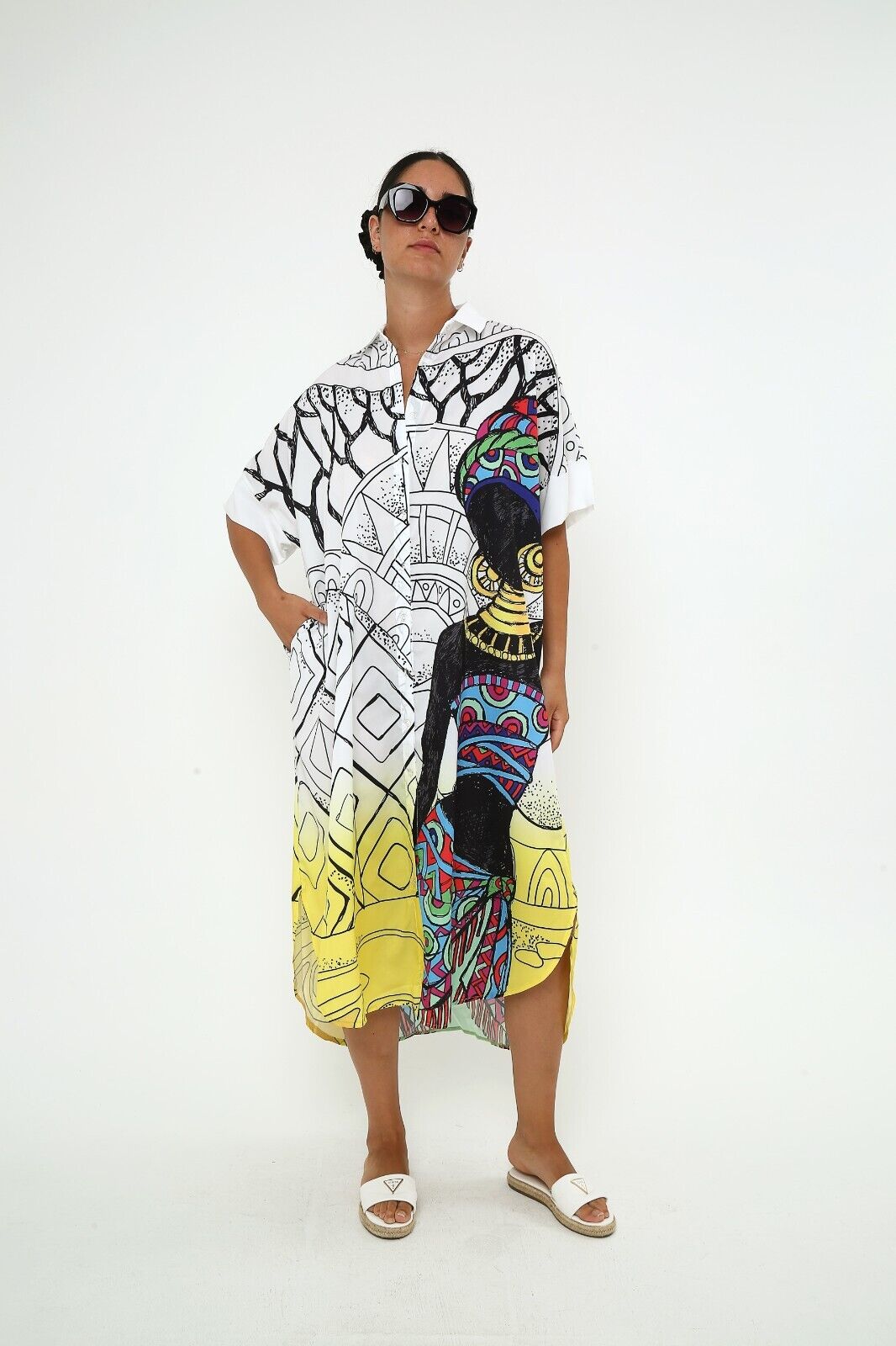 Women's Abstract African Art Print Shirt Dress - Oversized Viscose Kaftan