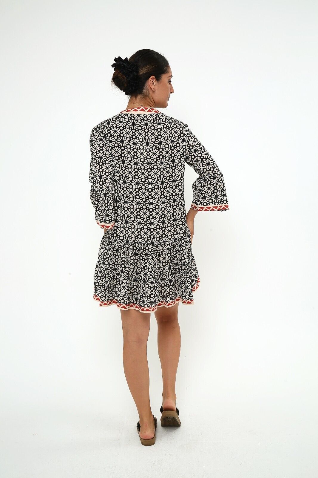 Women's Geometric Print Ruffle Hem Viscose A Line Dress