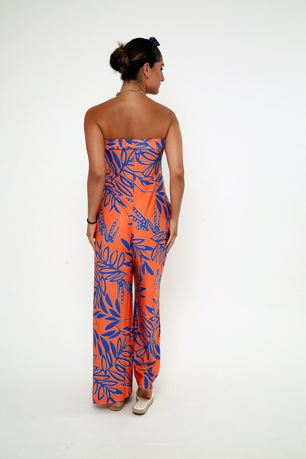 Women's Orange & Blue Tropical Strapless Jumpsuit ,Wide Leg, Viscose