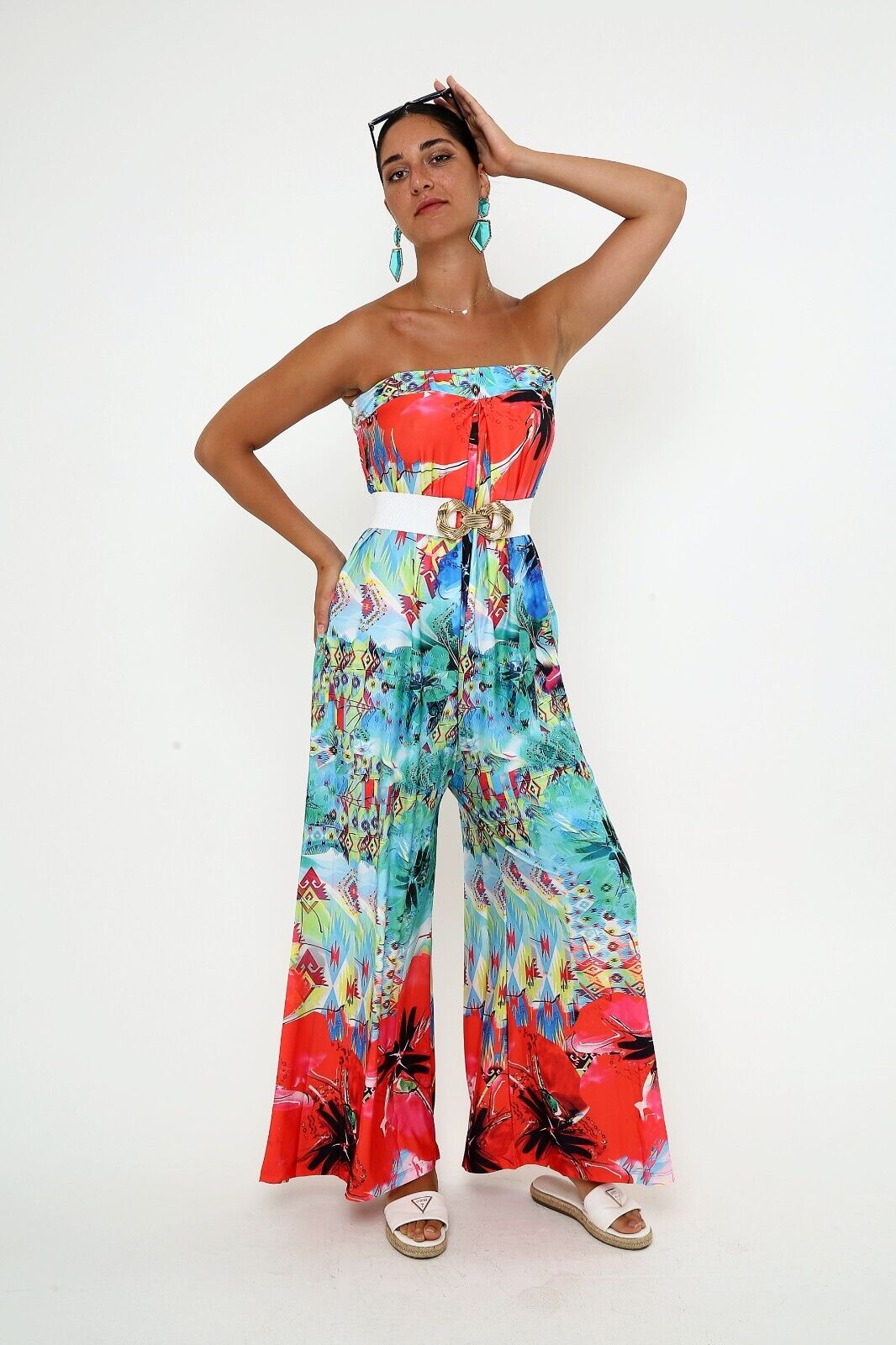 Women's Tropical Strapless Wide Leg Jumpsuit Vibrant Floral & Abstract Print
