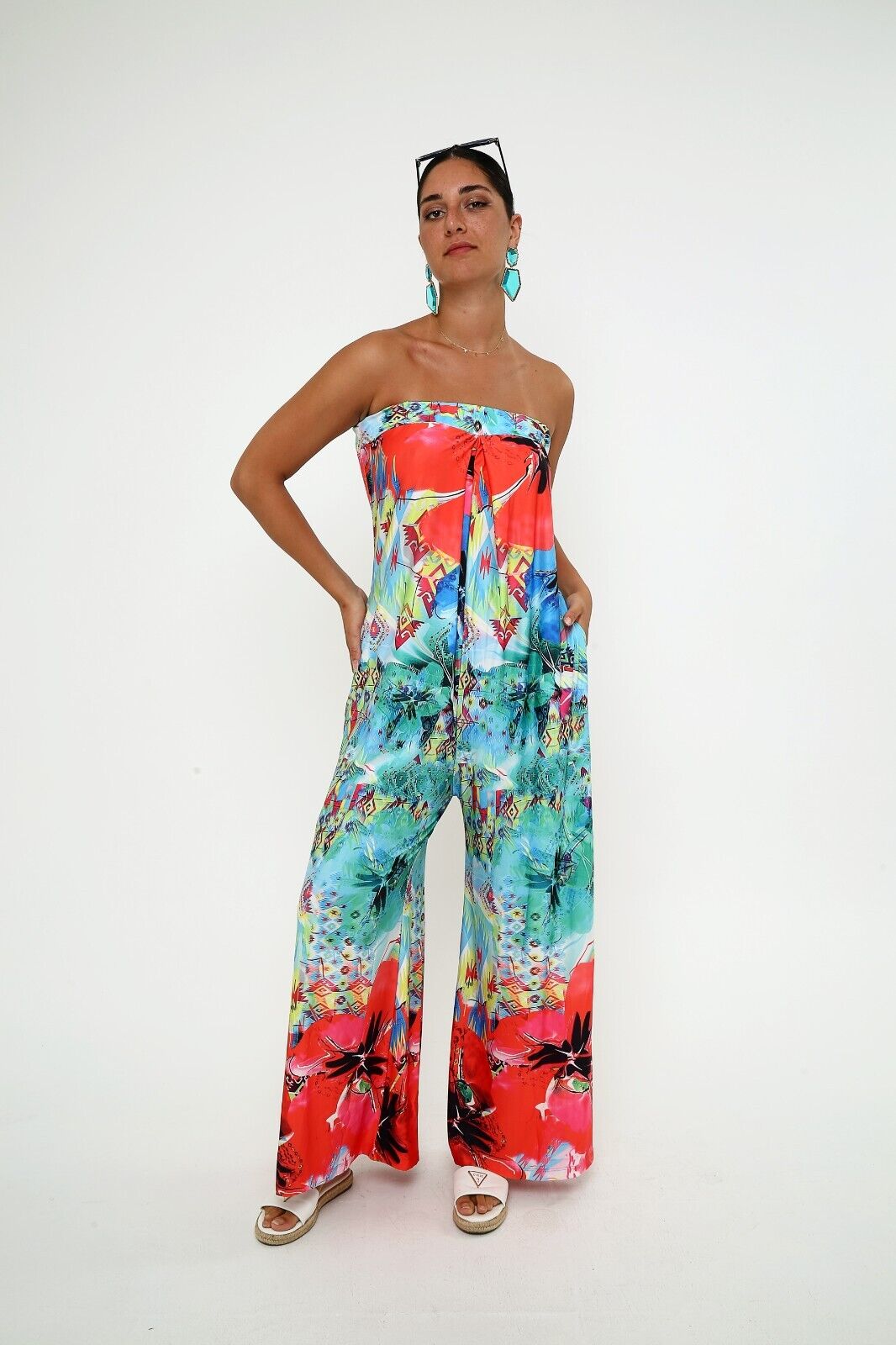 Women's Tropical Strapless Jumpsuit,Vibrant Floral &Abstract Print, Wide-Leg
