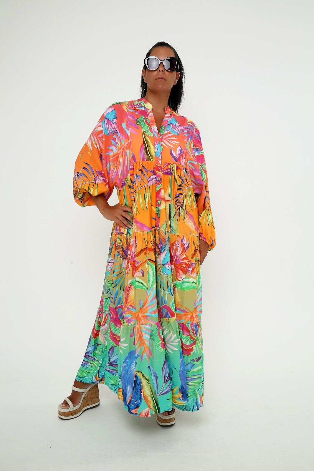 Women's Tropical Print Maxi Dress Bright Floral Boho Viscose ,Tiered Long Sleeve