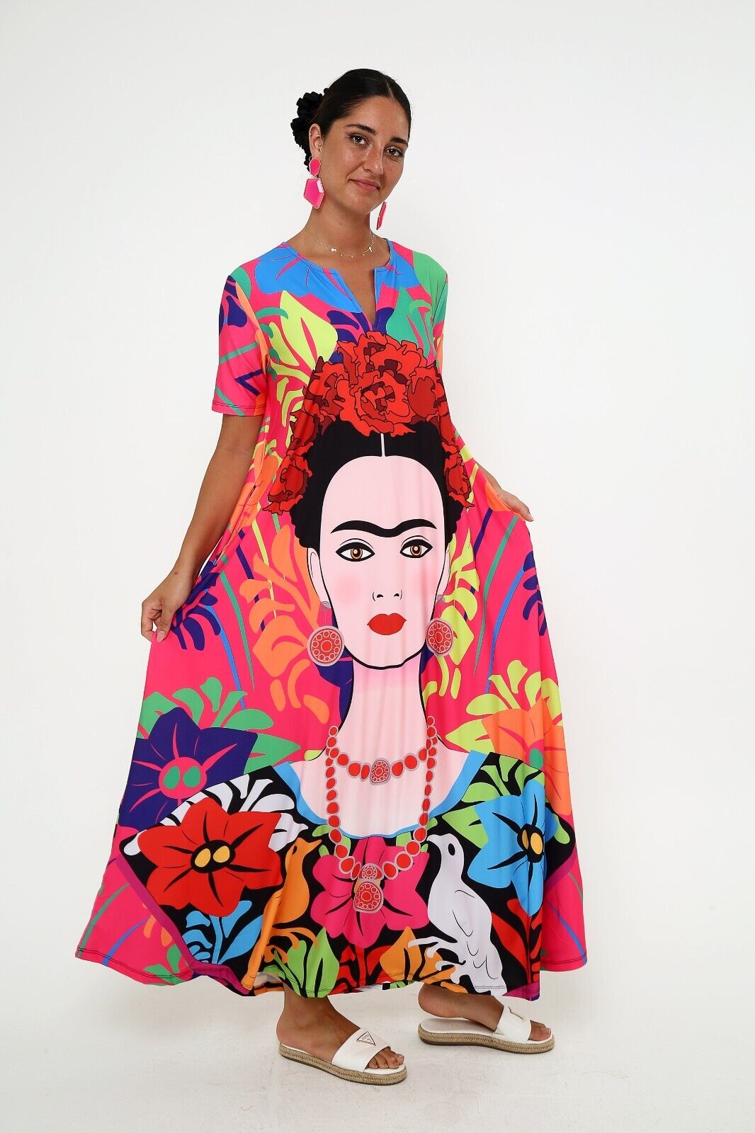 Women's Vibrant Frida Kahlo Maxi Dress with Bold Floral Design