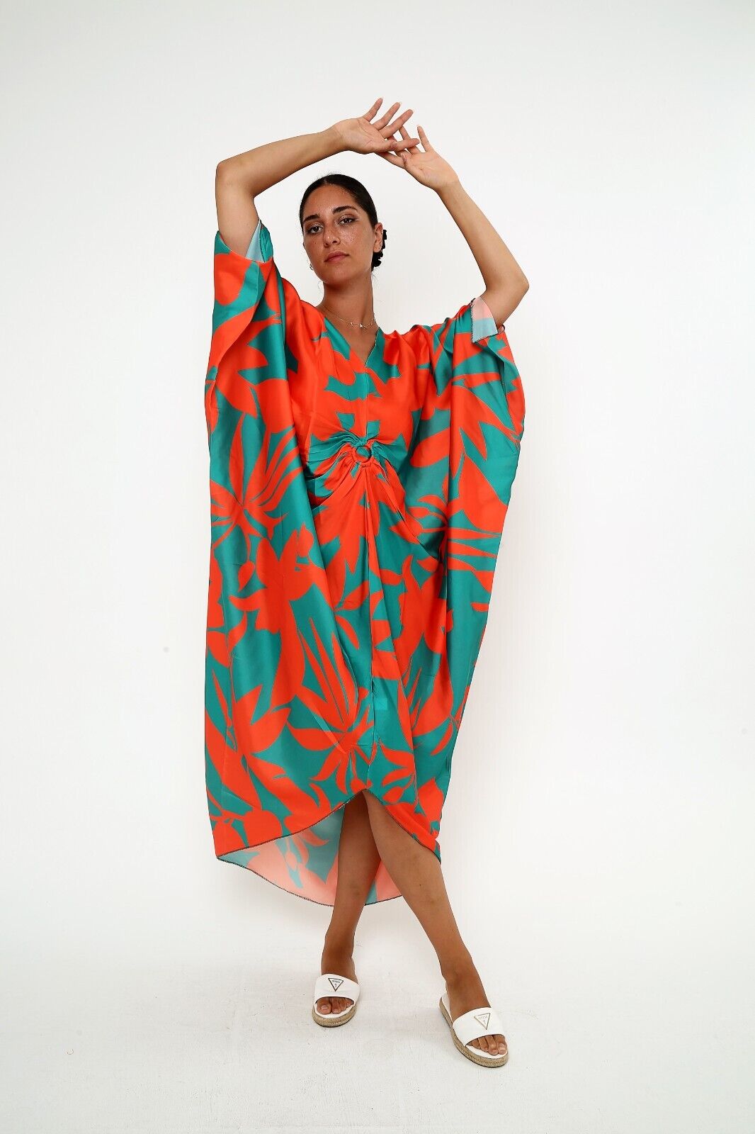 Women's Tropical Coral and Teal Silk Kaftan 3/4 sleeve dresses