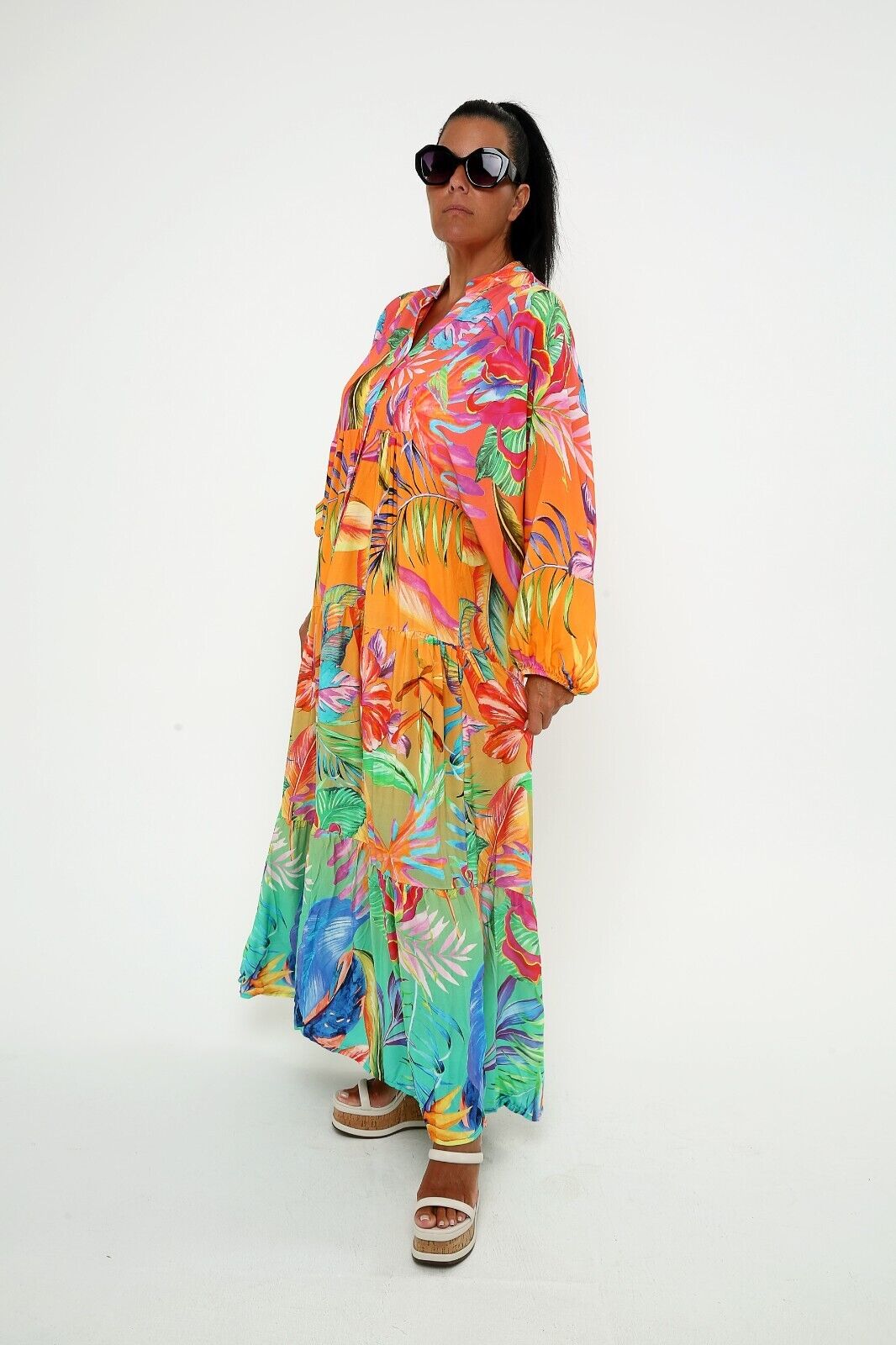 Women's Tropical Print Maxi Dress Bright Floral Boho Viscose ,Tiered Long Sleeve