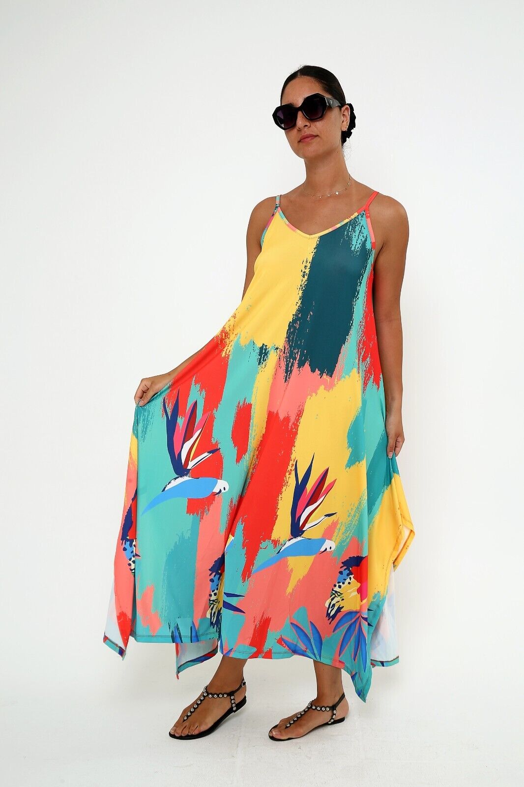 Women's Parrot Paradise Viscose Sundress Spaghetti Strap Maxi dress