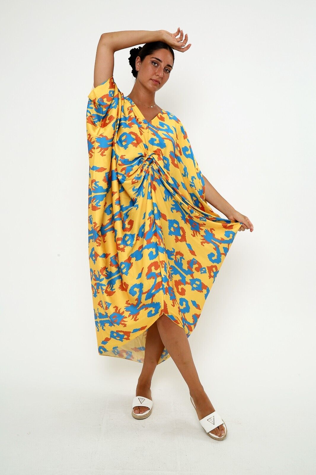 Women's Sunny Ikat Print Silk Kaftan Dress 3/4 sleeve caftan dress