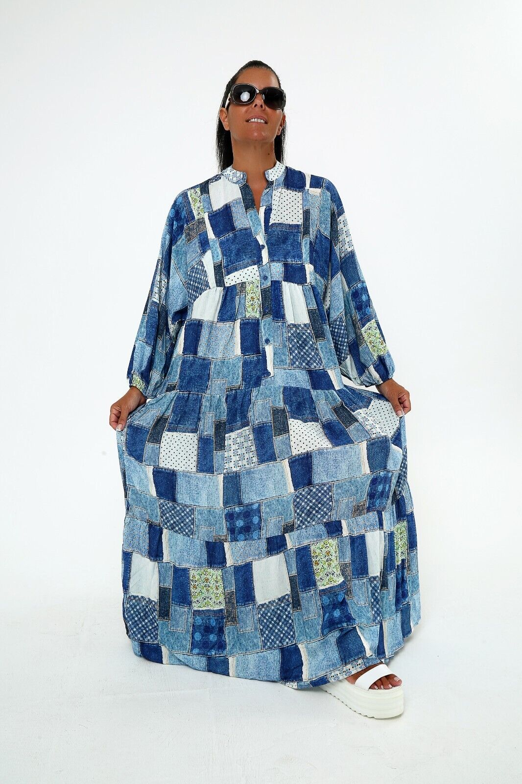 Women's Patchwork Denim-Print Maxi Dress - Boho Chic Viscose, Long Sleeve