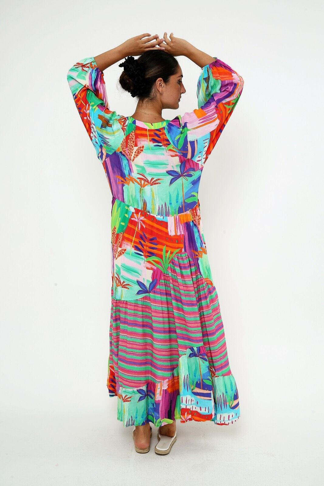 Women's Vibrant Boho Maxi Dress Colorful Abstract Print, Long Sleeve Viscose