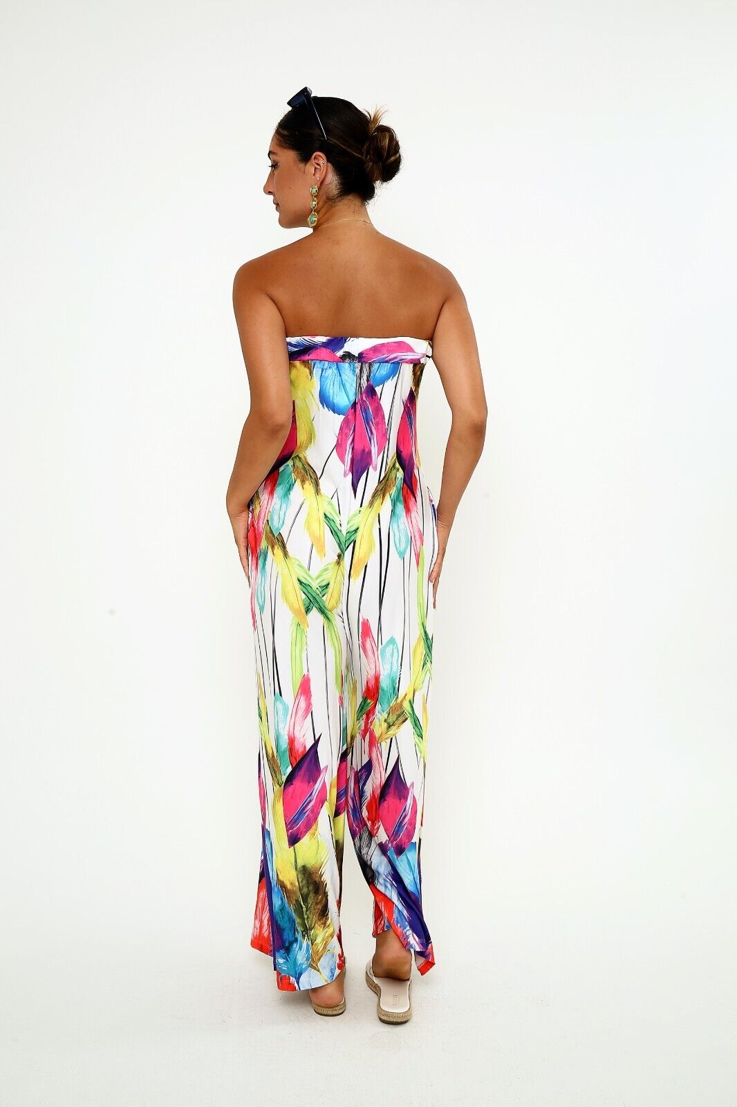 Women's Vibrant Strapless Wide-Leg Jumpsuit Colorful Feather Print
