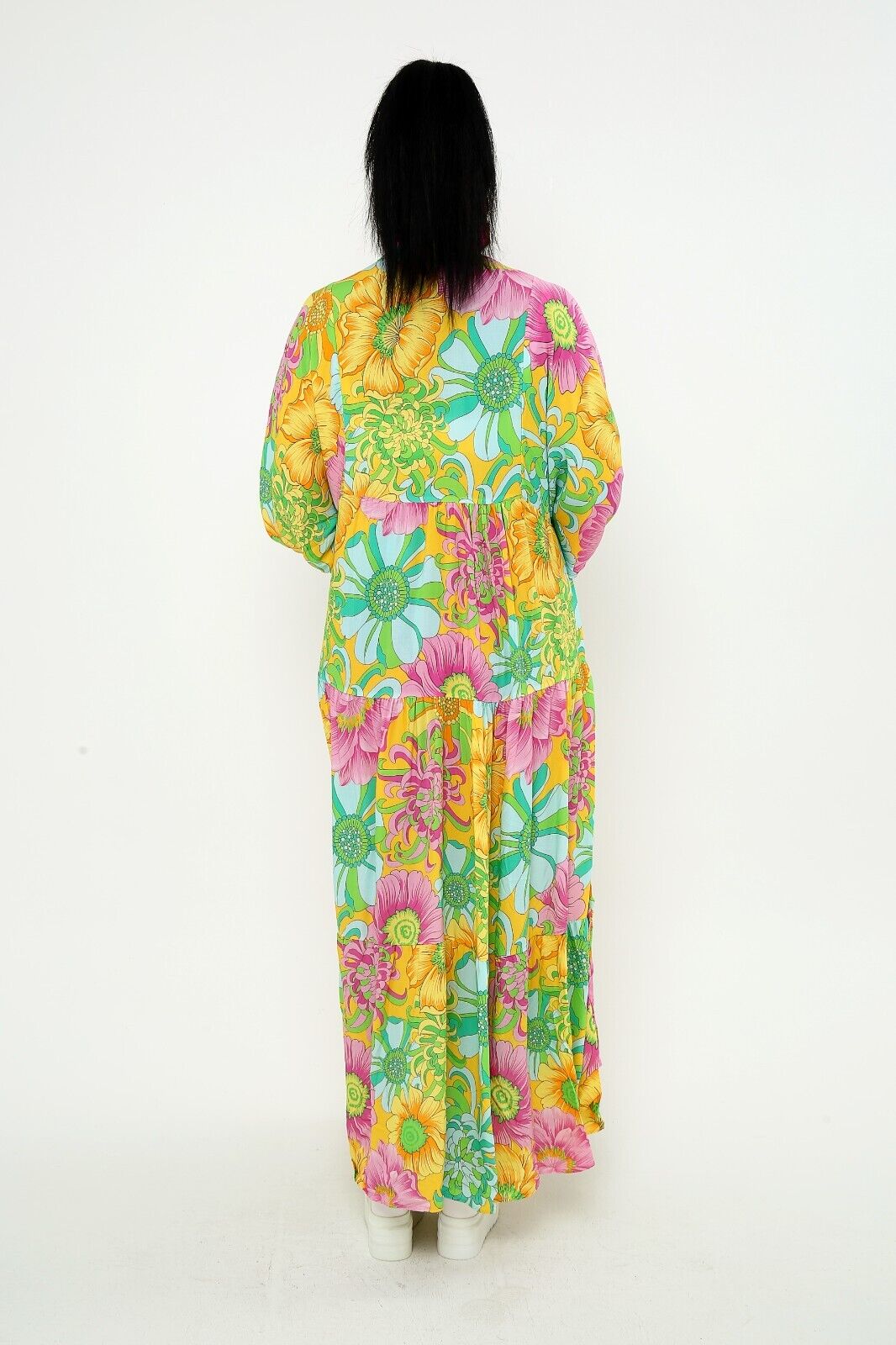 Women's Bright Floral Print Maxi Dress - Boho Long Sleeve Viscose, Tiered Design