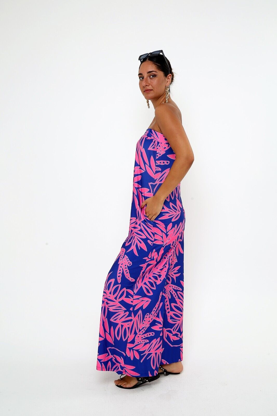 Women's Navy & Pink Tropical Print Strapless Jumpsuit - Wide-Leg Viscose