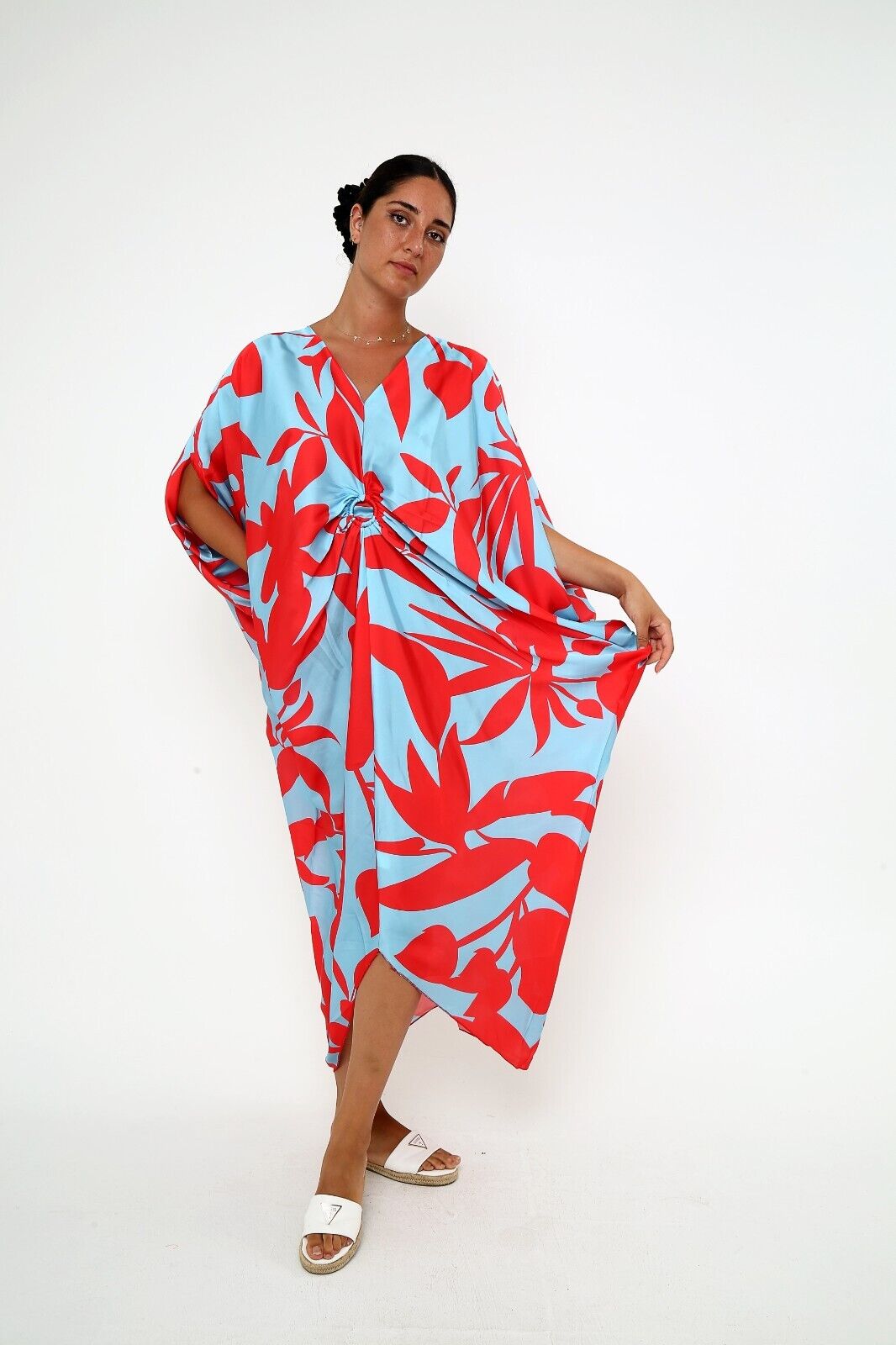 Women's Tropical Breeze Red and Blue Silk Kaftan 3/4 sleeve