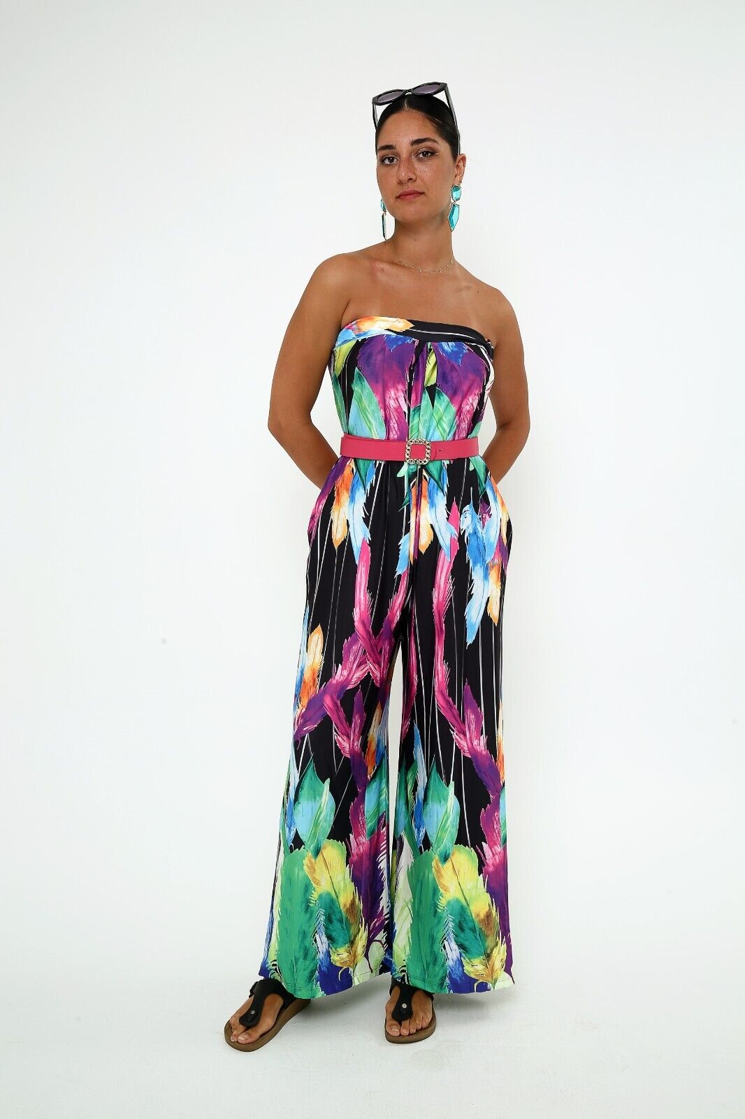 Women's Strapless Floral Jumpsuit ,Colorful Wide Leg with side pockets