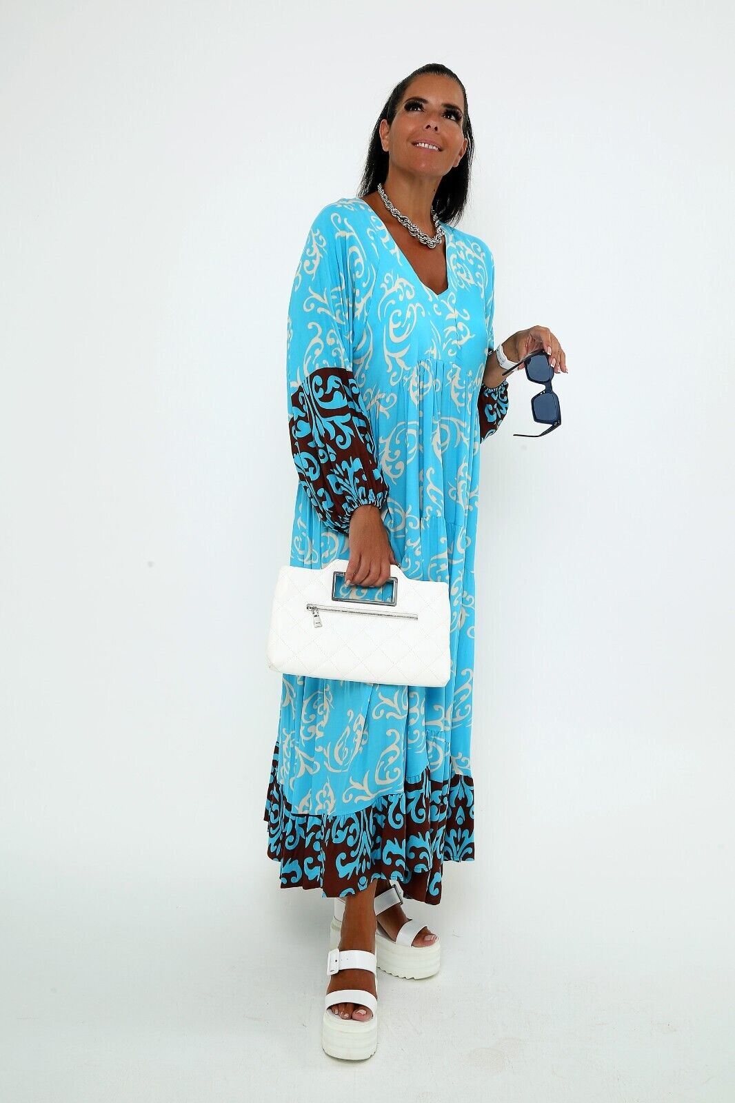 Women's Turquoise & Brown Boho Maxi Dress Long Sleeve Flowy Viscose ,plus size