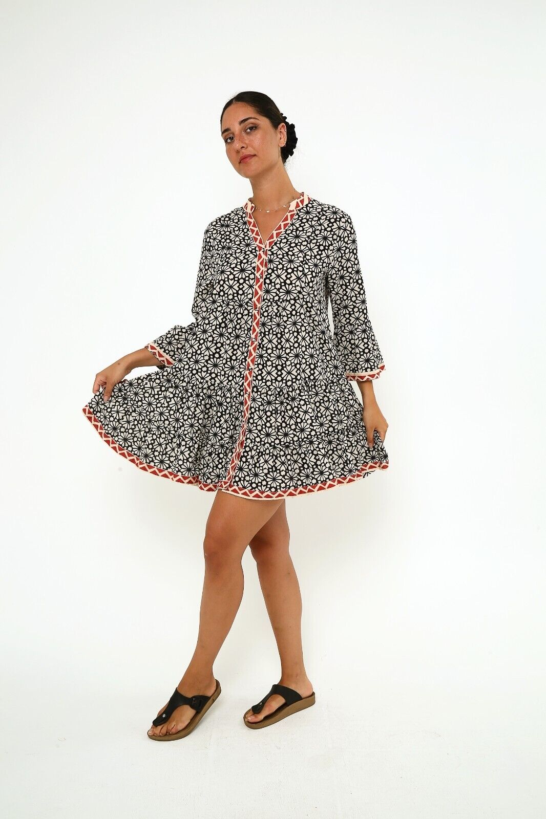 Women's Geometric Print Ruffle Hem Viscose A Line Dress