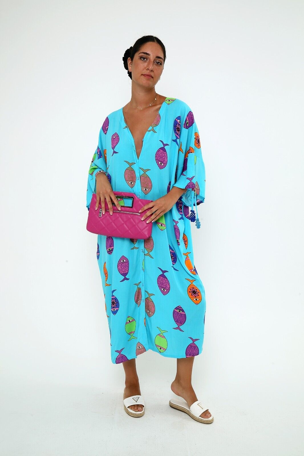 Women's Bright Blue Fish Print Maxi Dress - Button-Down Viscose Kaftan
