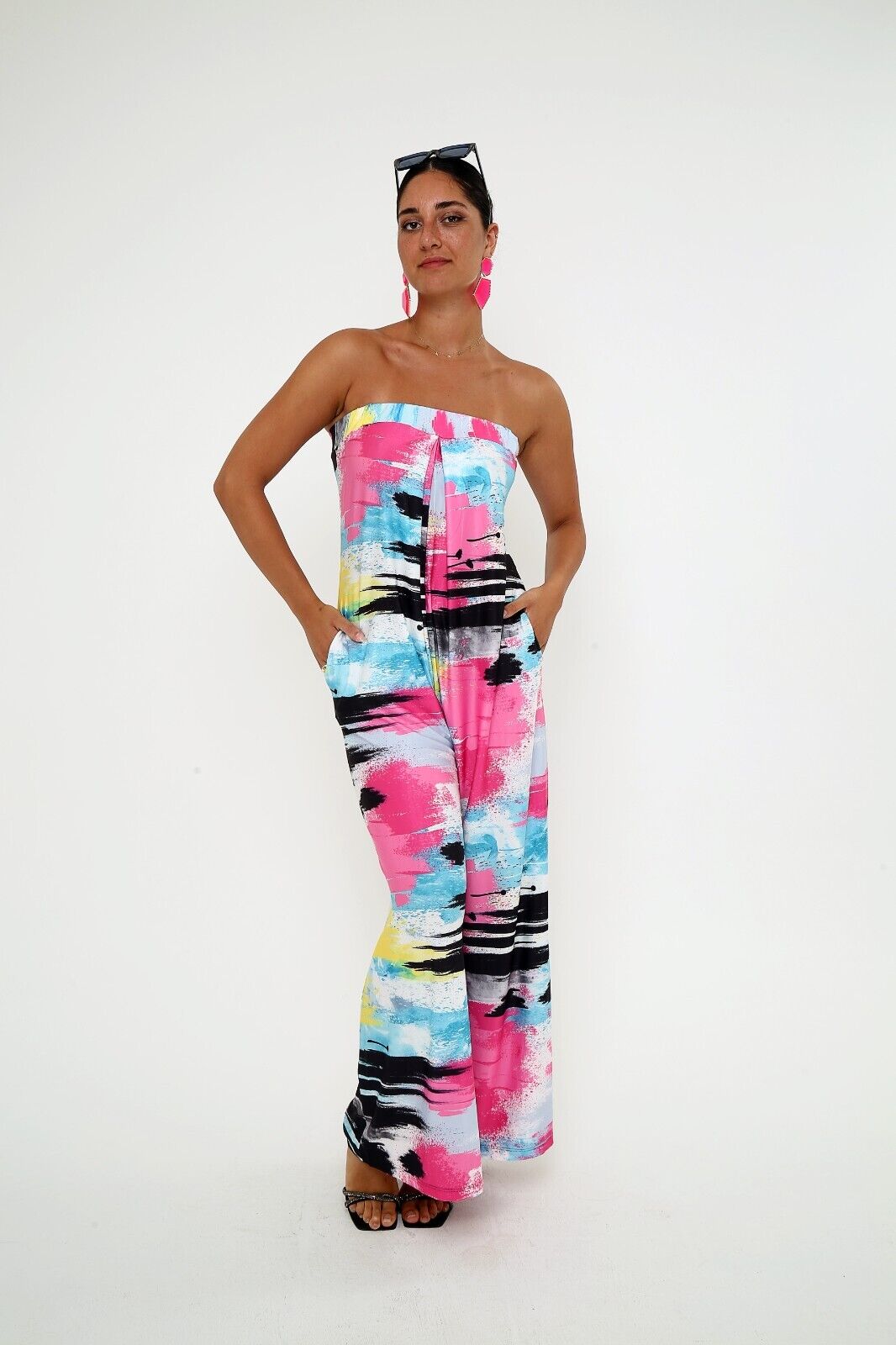 Women's Abstract Print Strapless Jumpsuit - Colorful Wide-Leg Viscose