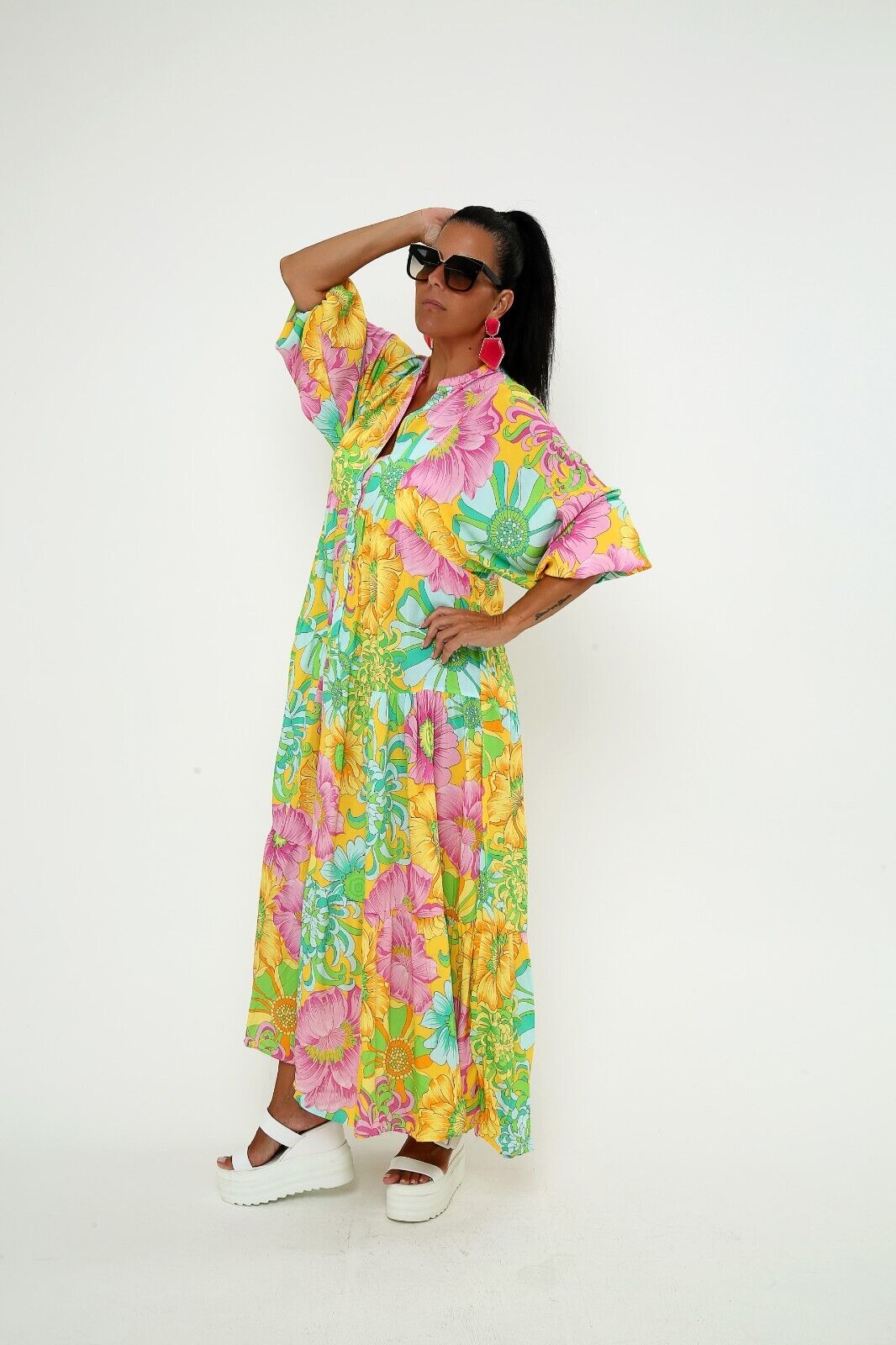 Women's Bright Floral Print Maxi Dress - Boho Long Sleeve Viscose, Tiered Design