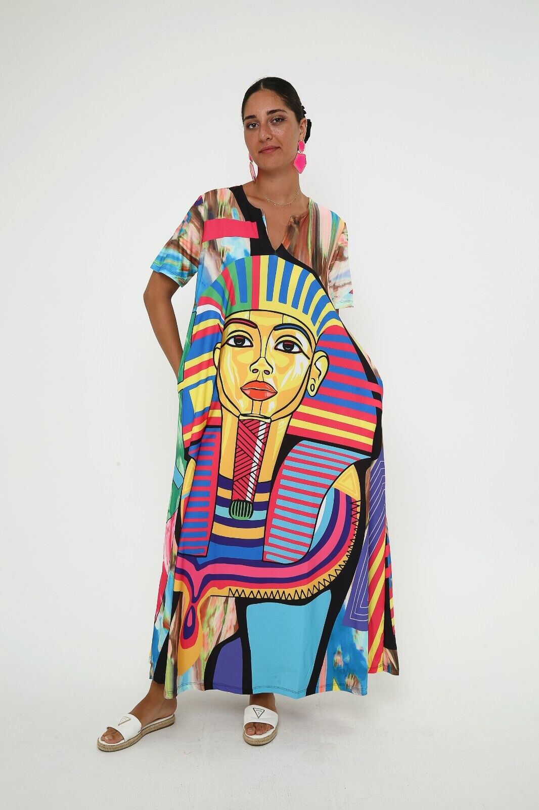 Women's Vibrant Egyptian Pharaoh Maxi Dress - Bold Colorful Print, Flowy Viscose