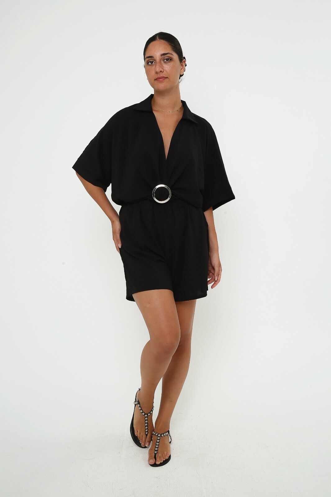 Women's Black Two-Piece Set. Summer lounge . Short and blouse set