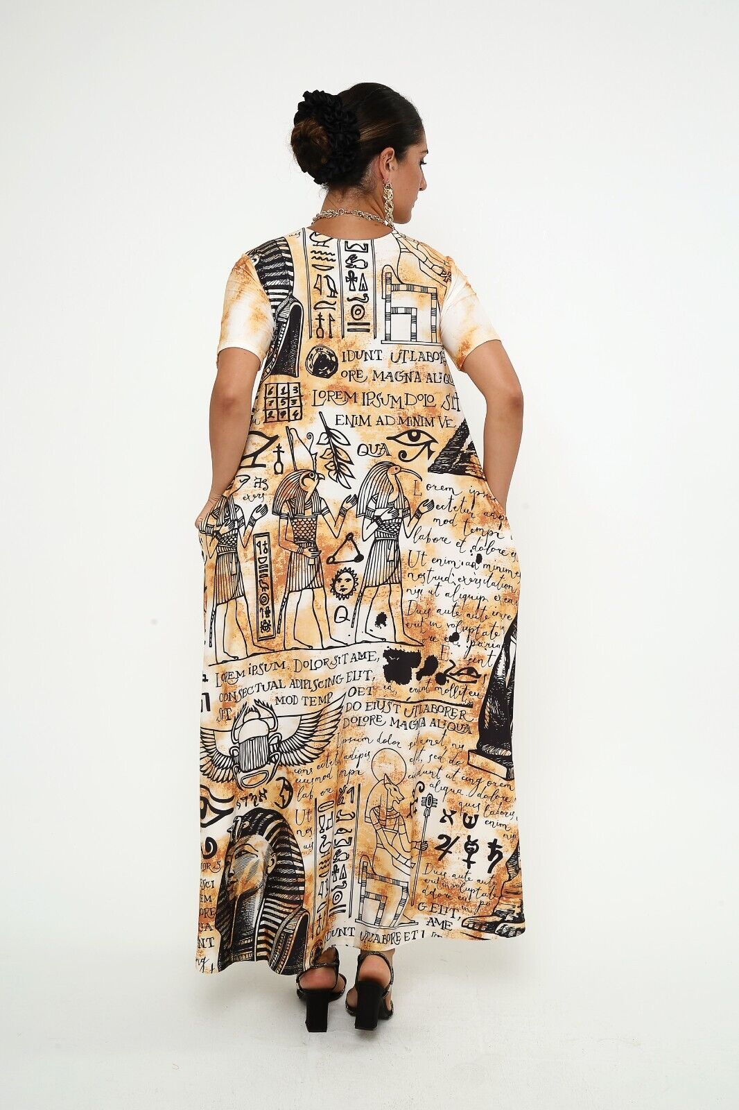 Women's Ancient Egyptian Script and Symbols Viscose Maxi Dress with Pocket