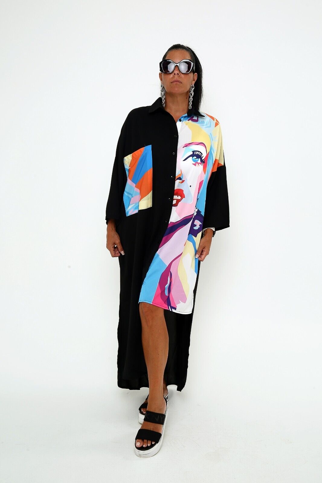 Women's Pop Art Print Shirt Dress ,Colorful Portrait Design, Long shirt dress