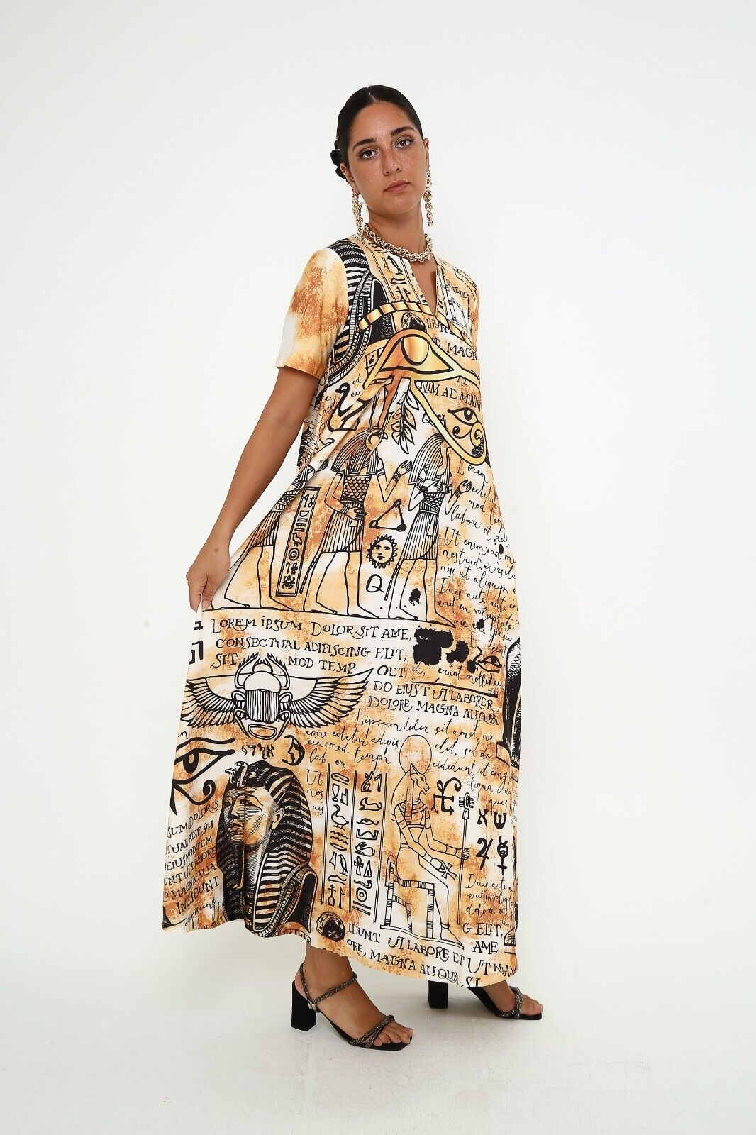 Women's Ancient Egyptian Script and Symbols Viscose Maxi Dress with Pocket