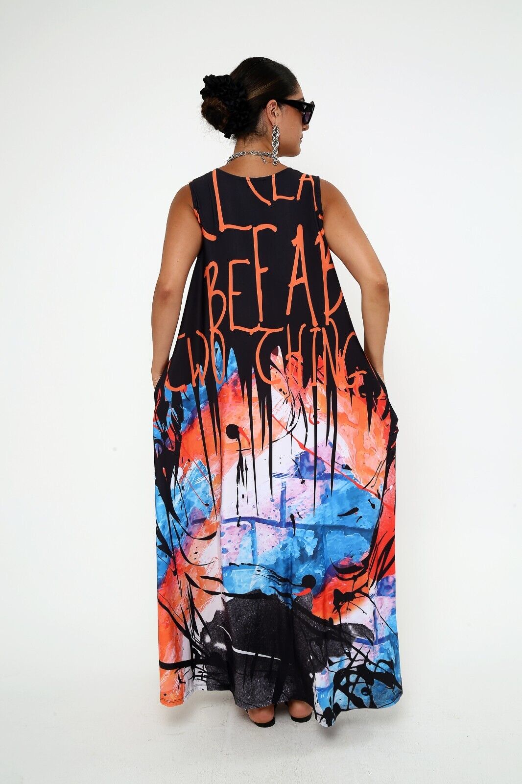 Women's Pop Art Expression Sleeveless Black Maxi Dress With Pocket XL