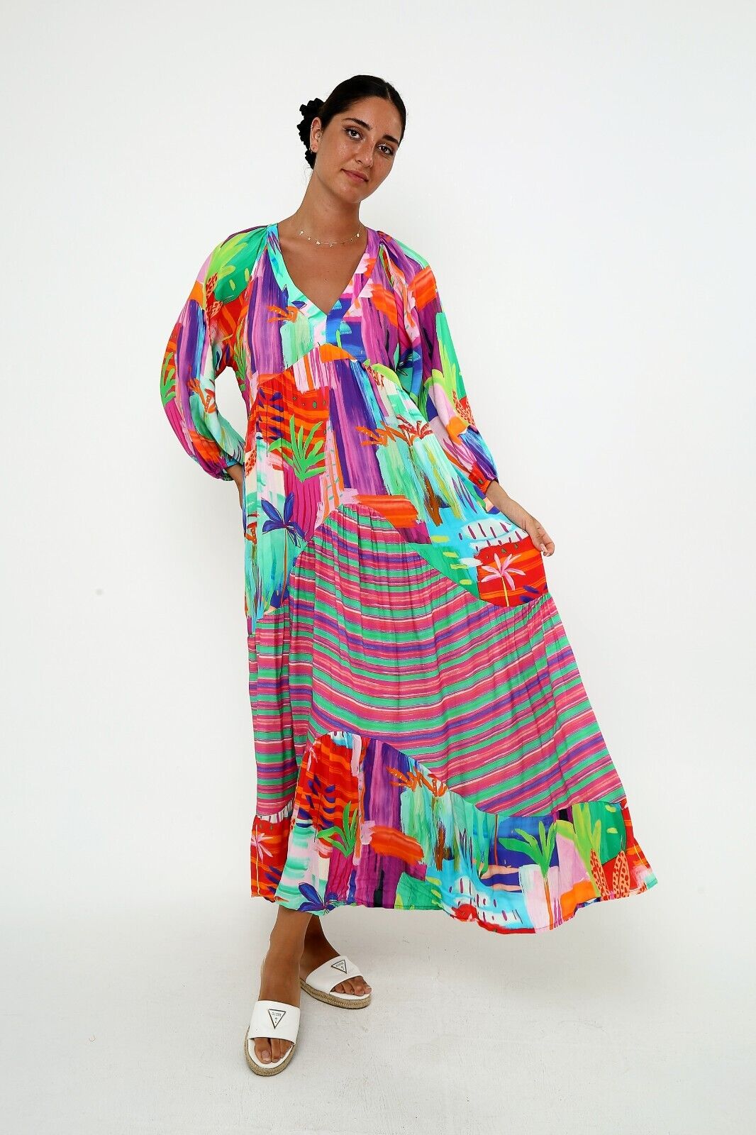Women's Vibrant Boho Maxi Dress Colorful Abstract Print, Long Sleeve Viscose