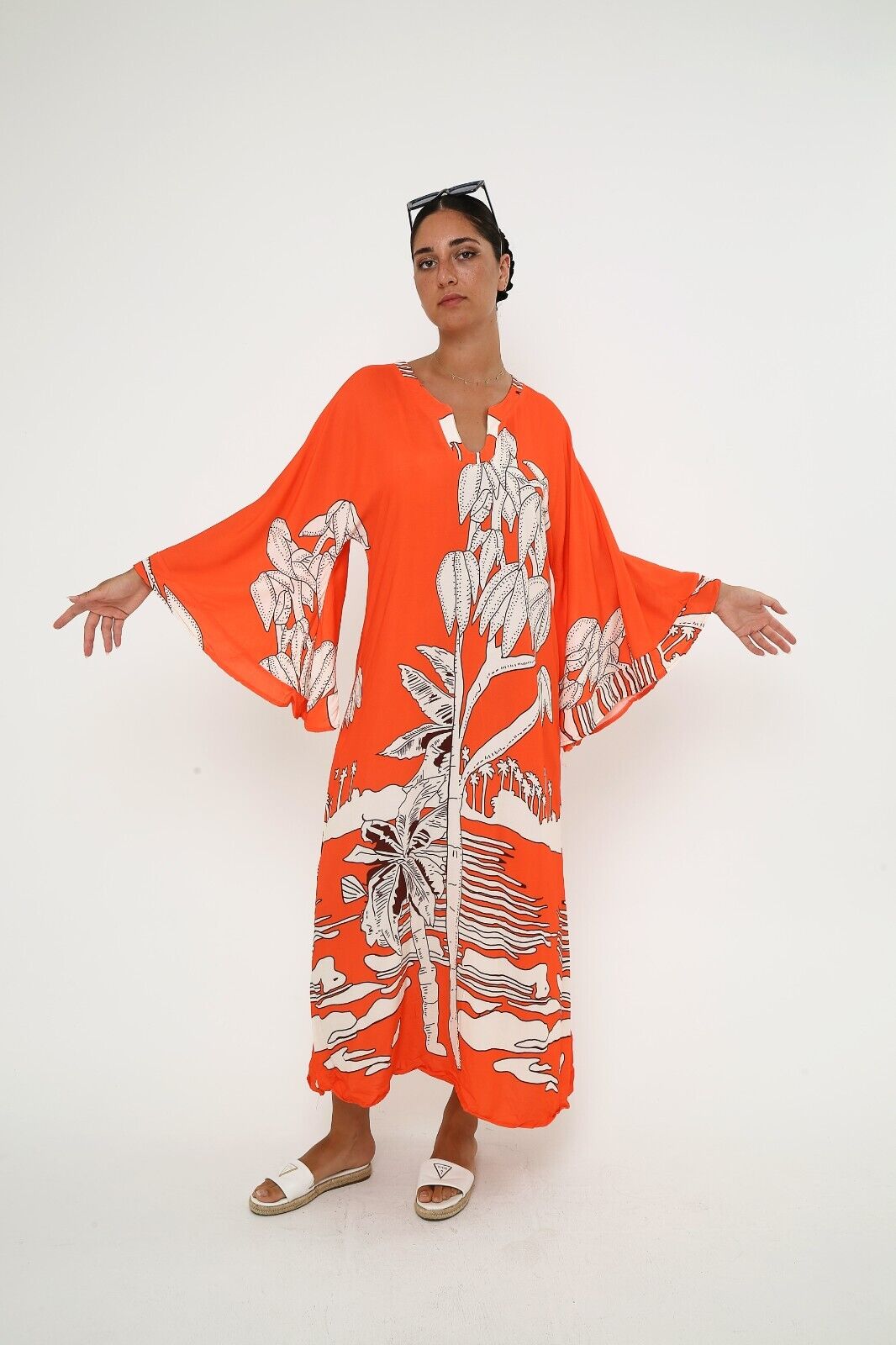 Women's Batwing Bold Orange Kaftan Dress - Tropical Print Viscose