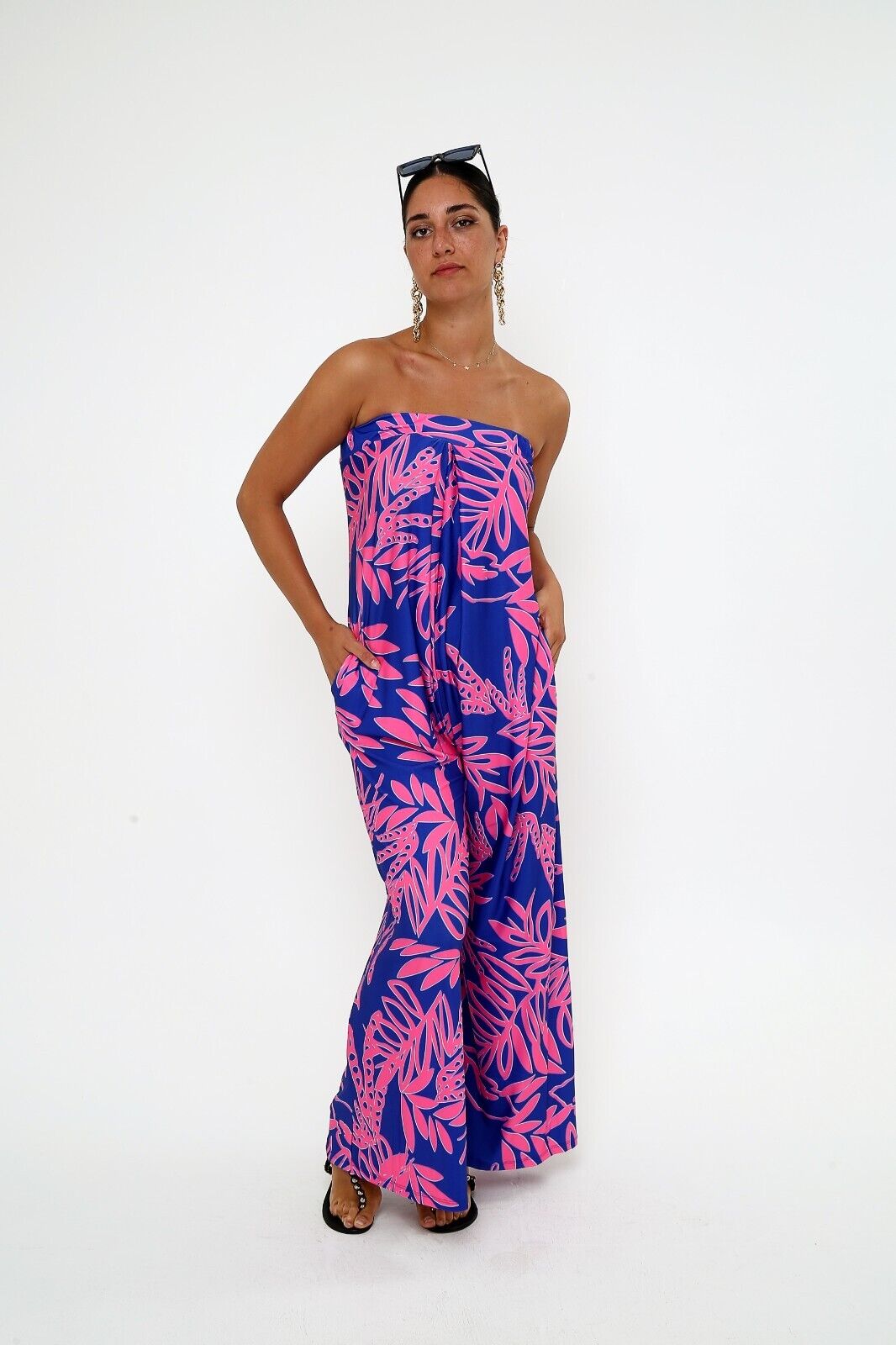 Women's Navy & Pink Tropical Print Strapless Jumpsuit - Wide-Leg Viscose