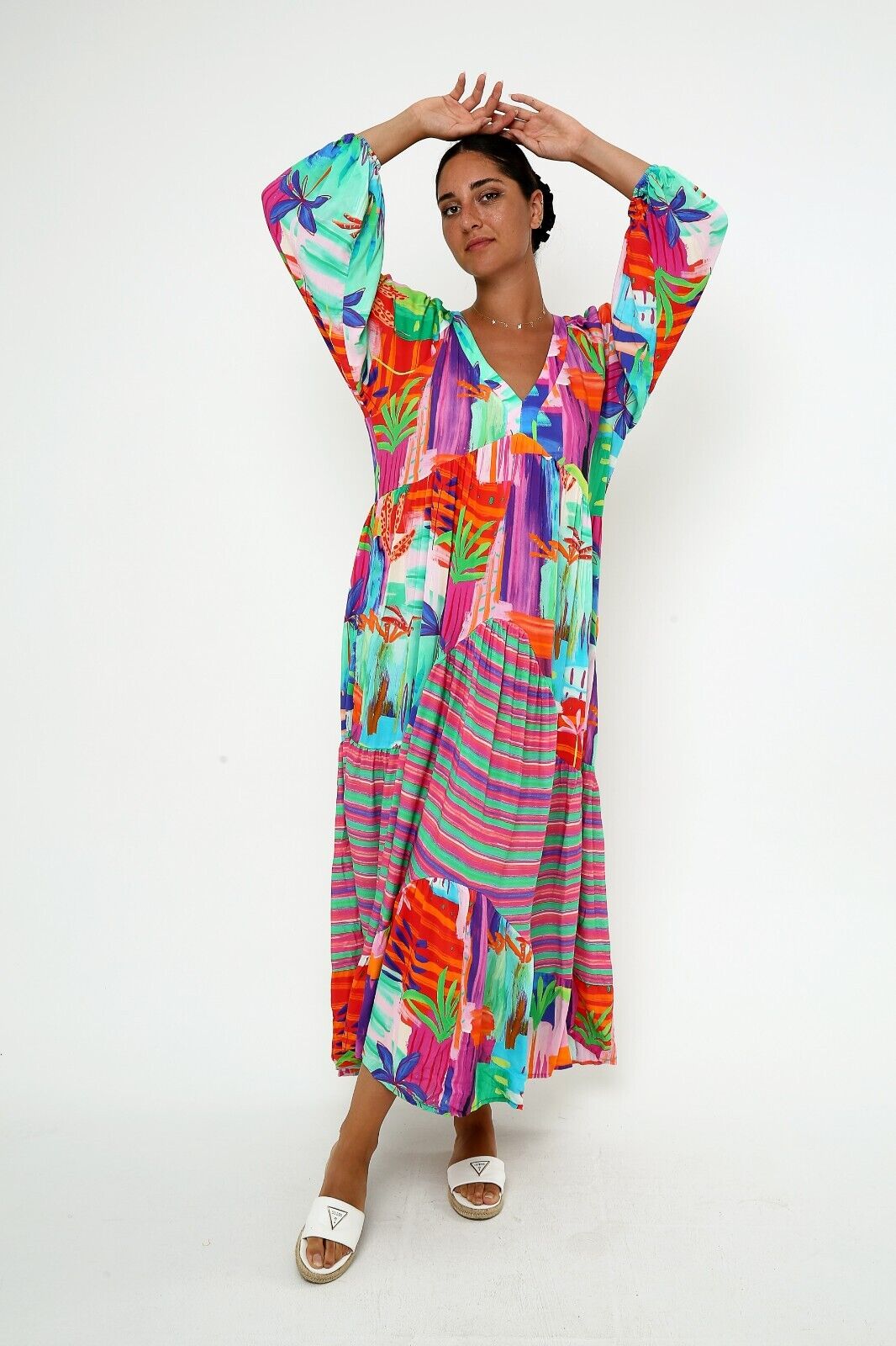 Women's Vibrant Boho Maxi Dress Colorful Abstract Print, Long Sleeve Viscose