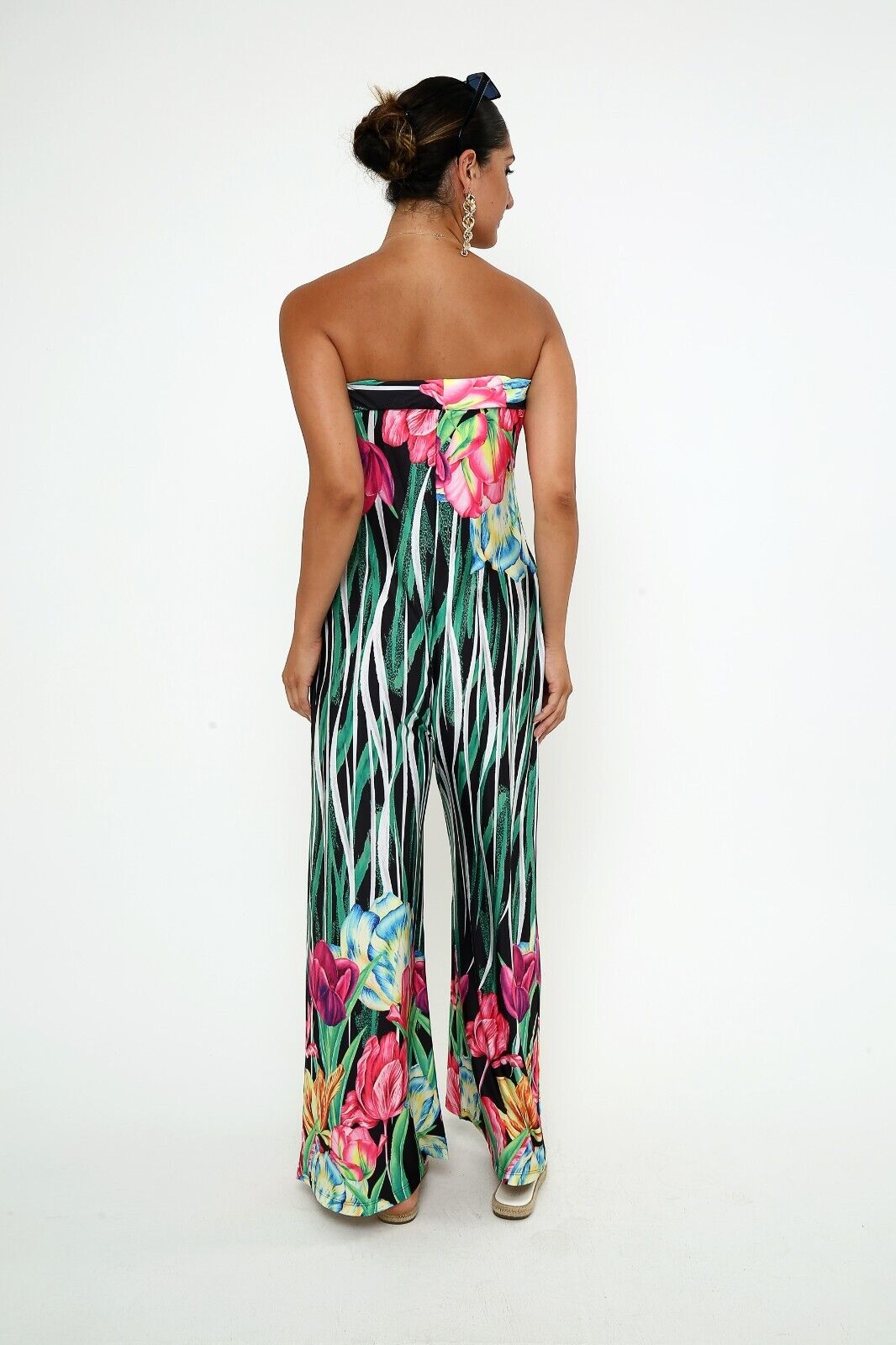 Women's Tropical Strapless Wide-Leg Jumpsuit - Vibrant Floral & Feather Print