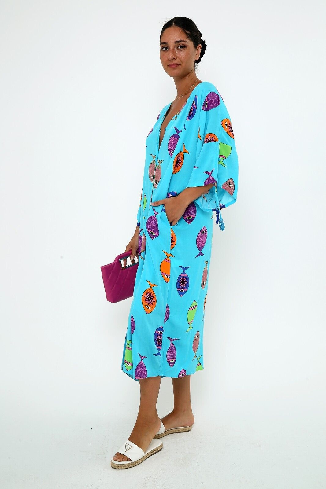 Women's Bright Blue Fish Print Maxi Dress - Button-Down Viscose Kaftan