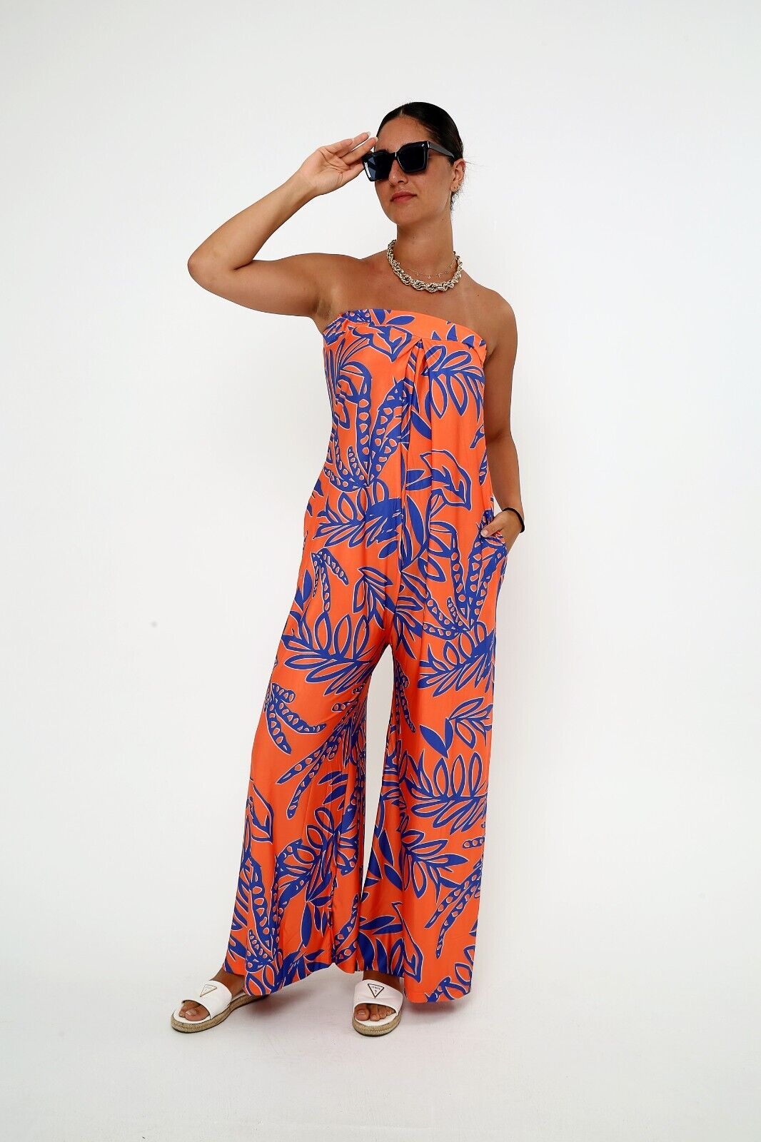 Women's Orange & Blue Tropical Strapless Wide Leg Jumpsuit with Side Pockets