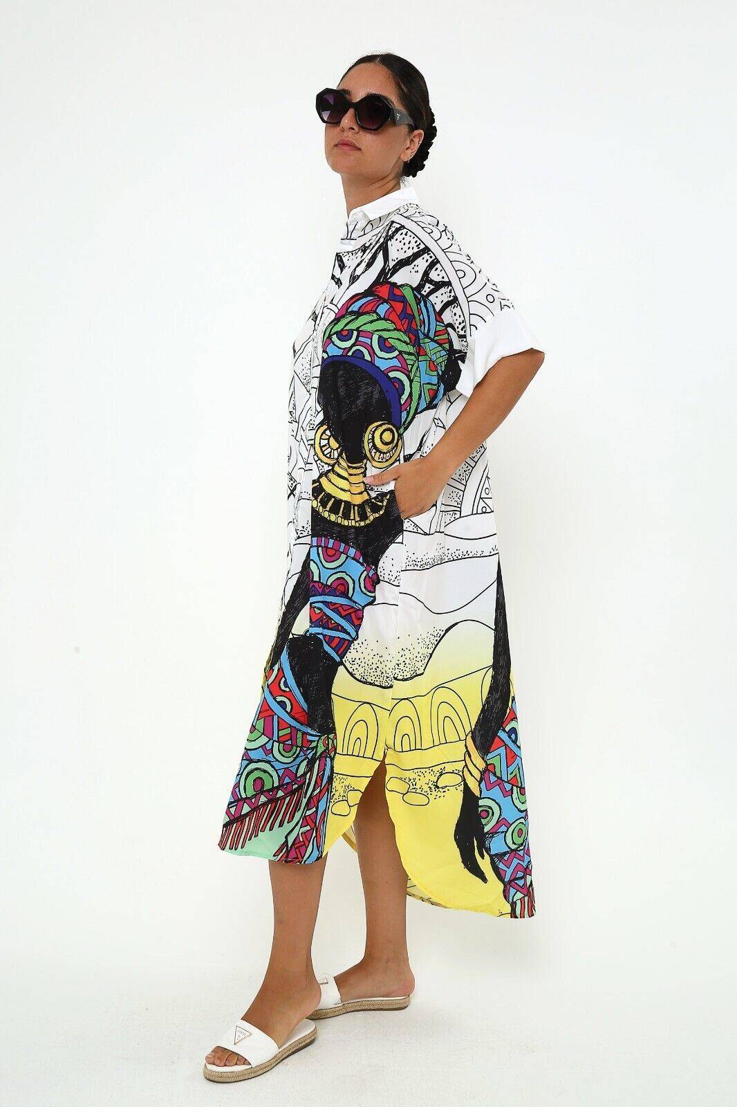 Women's Abstract African Art Print Shirt Dress - Oversized Viscose Kaftan