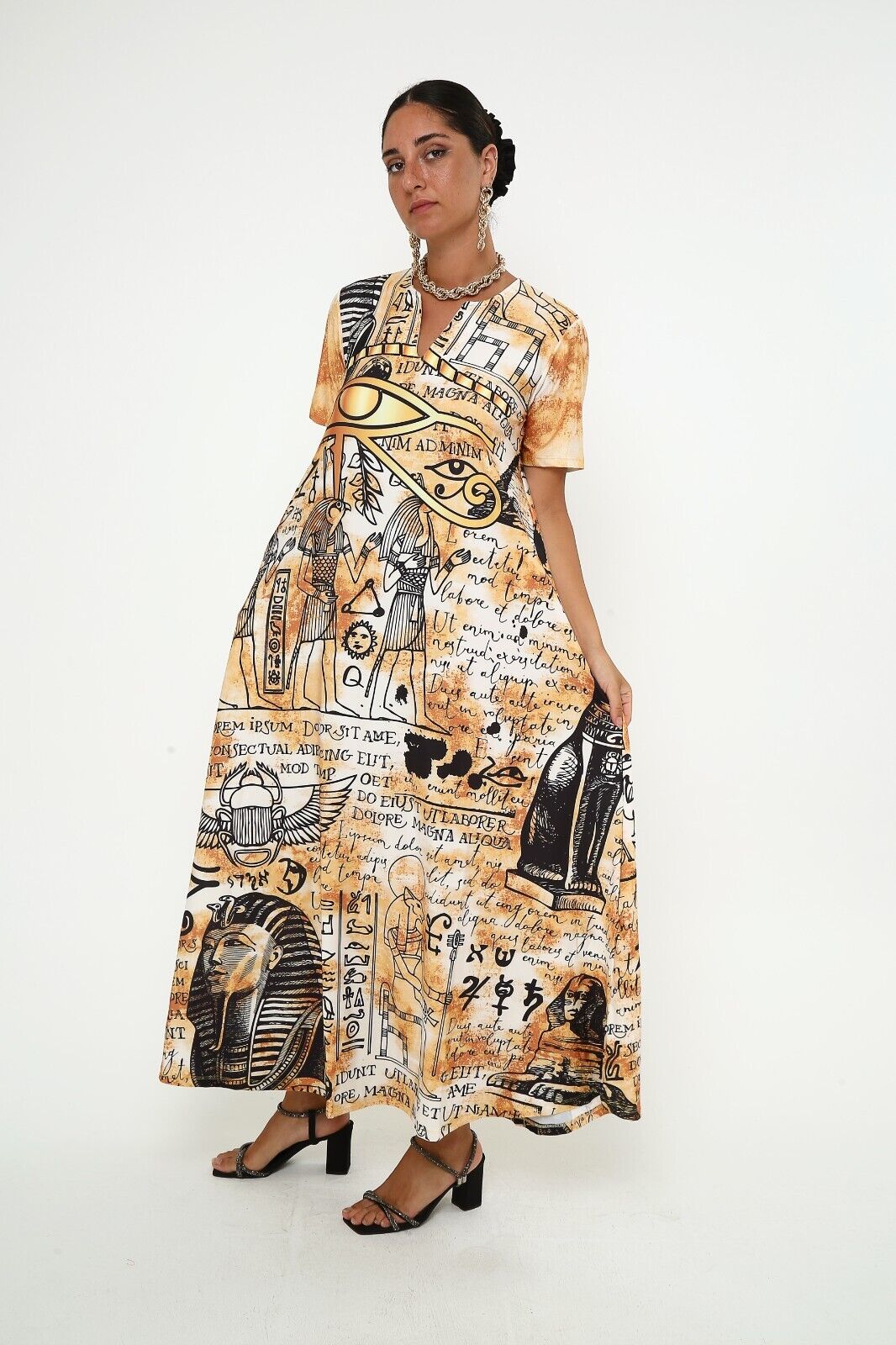 Women's Ancient Egyptian Script and Symbols Viscose Maxi Dress with Pocket
