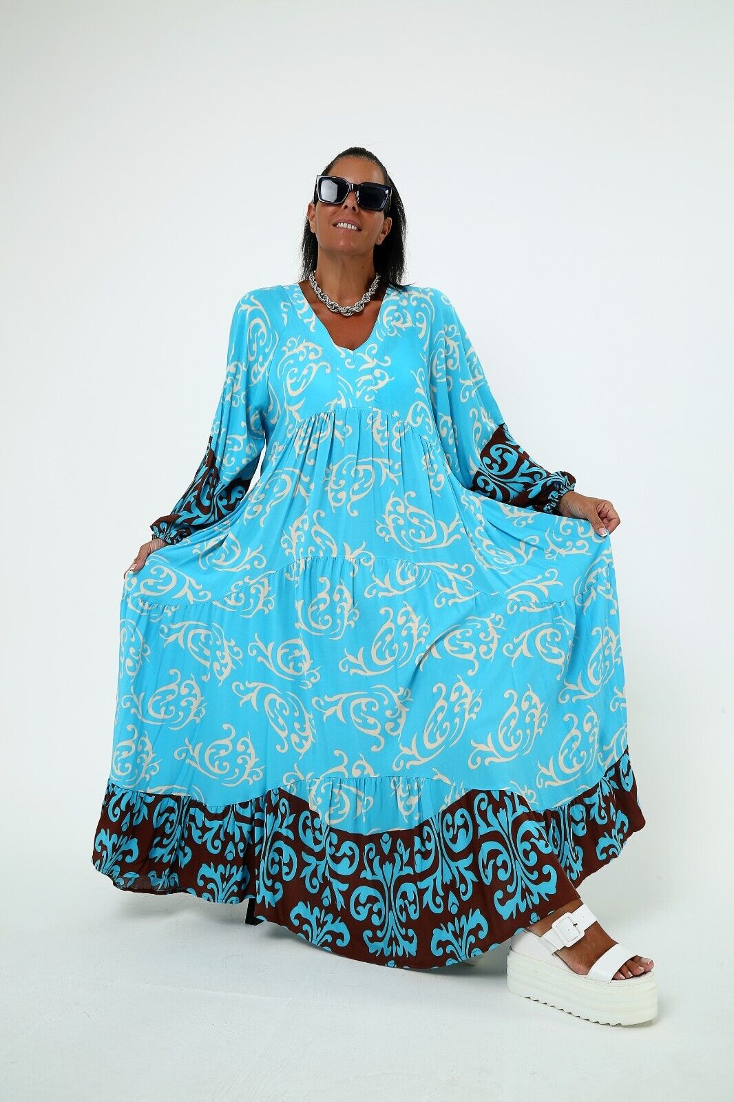 Women's Turquoise & Brown Boho Maxi Dress Long Sleeve Flowy Viscose ,plus size