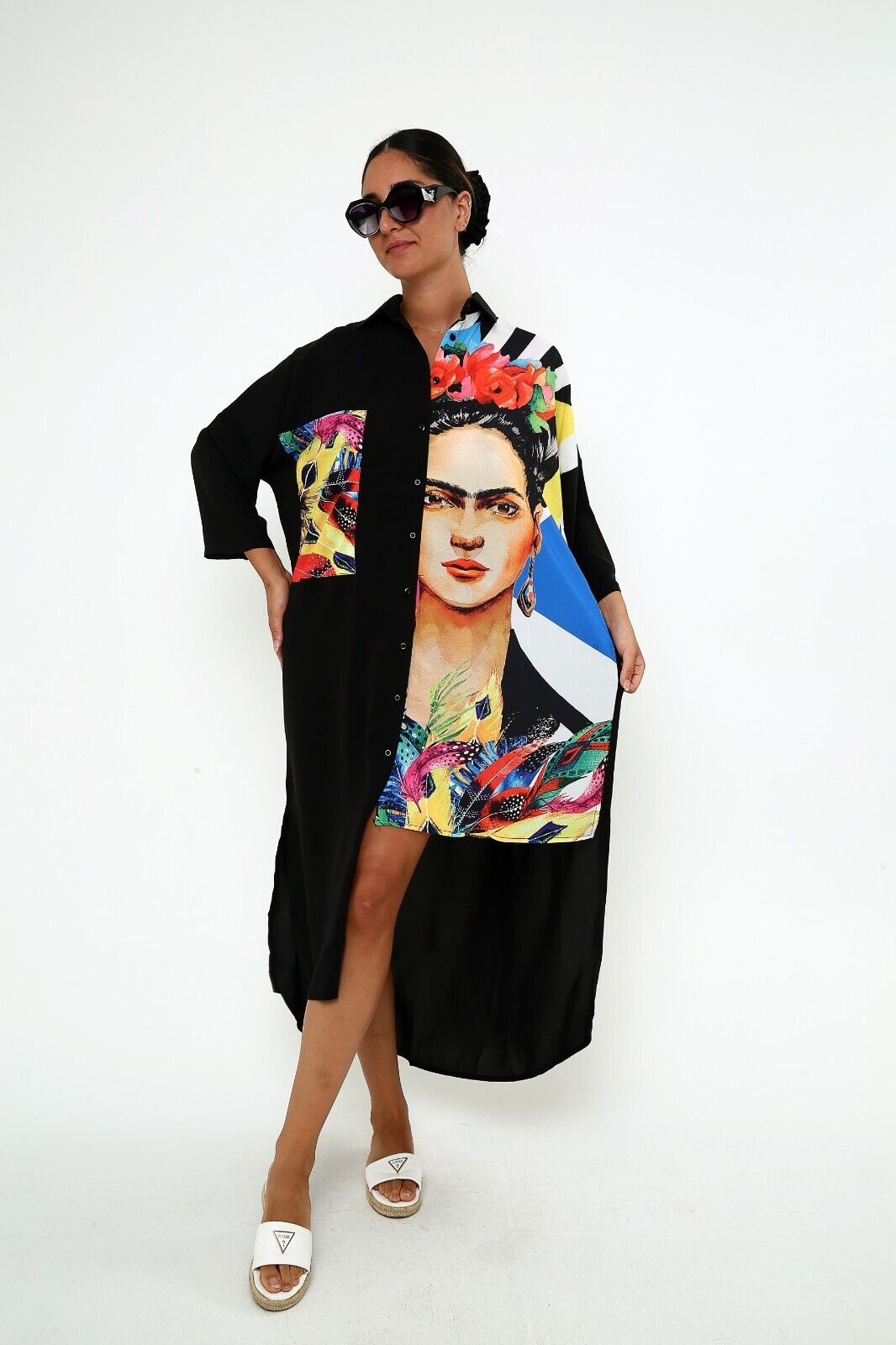 Women's Frida Kahlo Graphic Shirt Dress - Colorful Oversized Viscose Kaftan